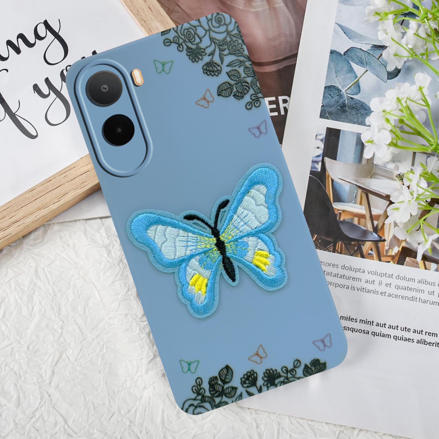 For Redmi A7 Pro 5G Back Cover Case (Soft Butterfly Embroidery | Women Teen Girls | Camera Protection| Matte Silicone)