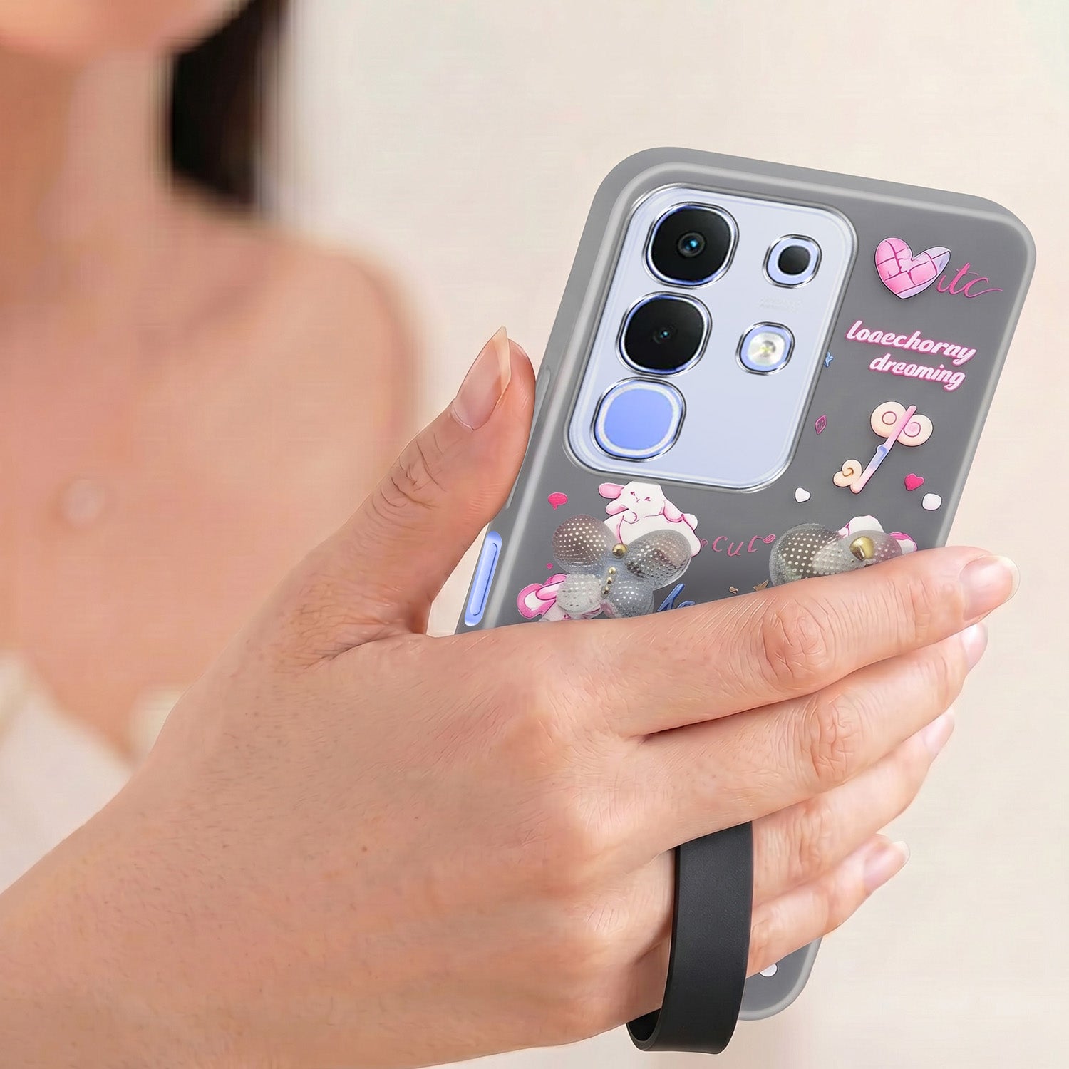 For Vivo iQOO Z10x Back Cover Case (3D Cute Heart Strap Holder | Camera Protection | Designer Girls Print)