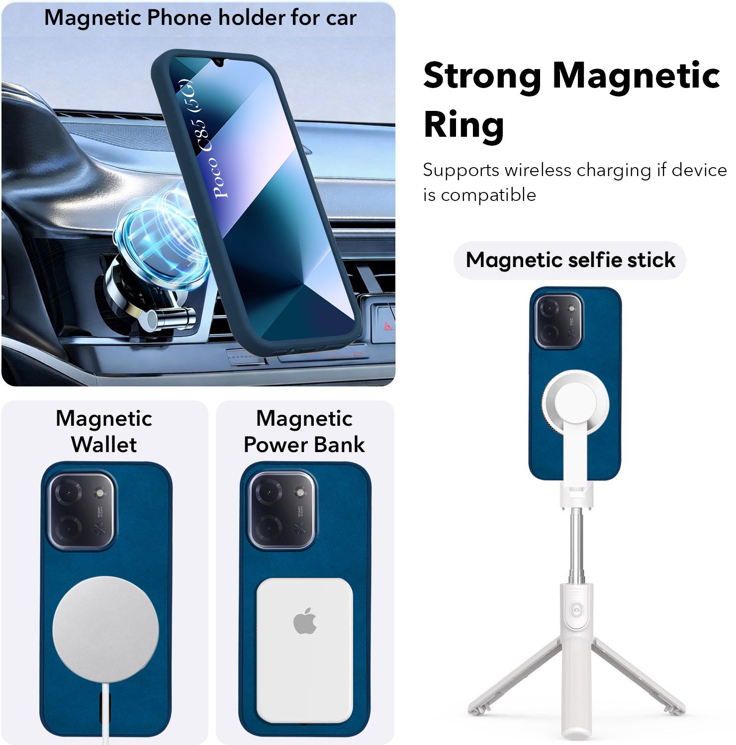For Poco C85 5G Back Cover Case Leather Finish  (MagSafe Compatible Wireless Charging | Soft Touch | Camera Bump Protection)