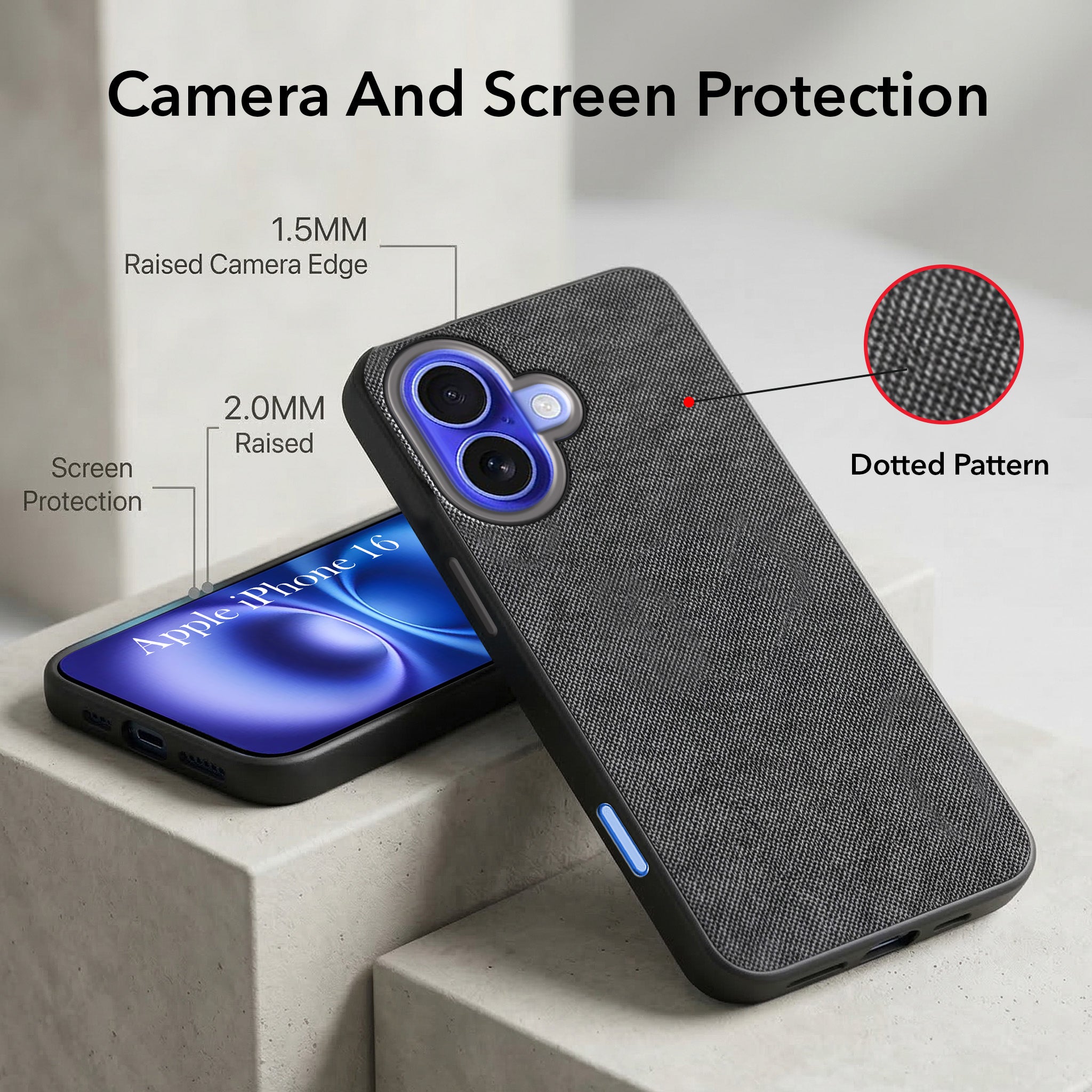 For Apple iPhone 16 Combo with Back Cover and 9H Tempered Glass (Textured Grip Design | Micro-Fiber Cloth Inside | Oleophobic Coating Screen Glass)