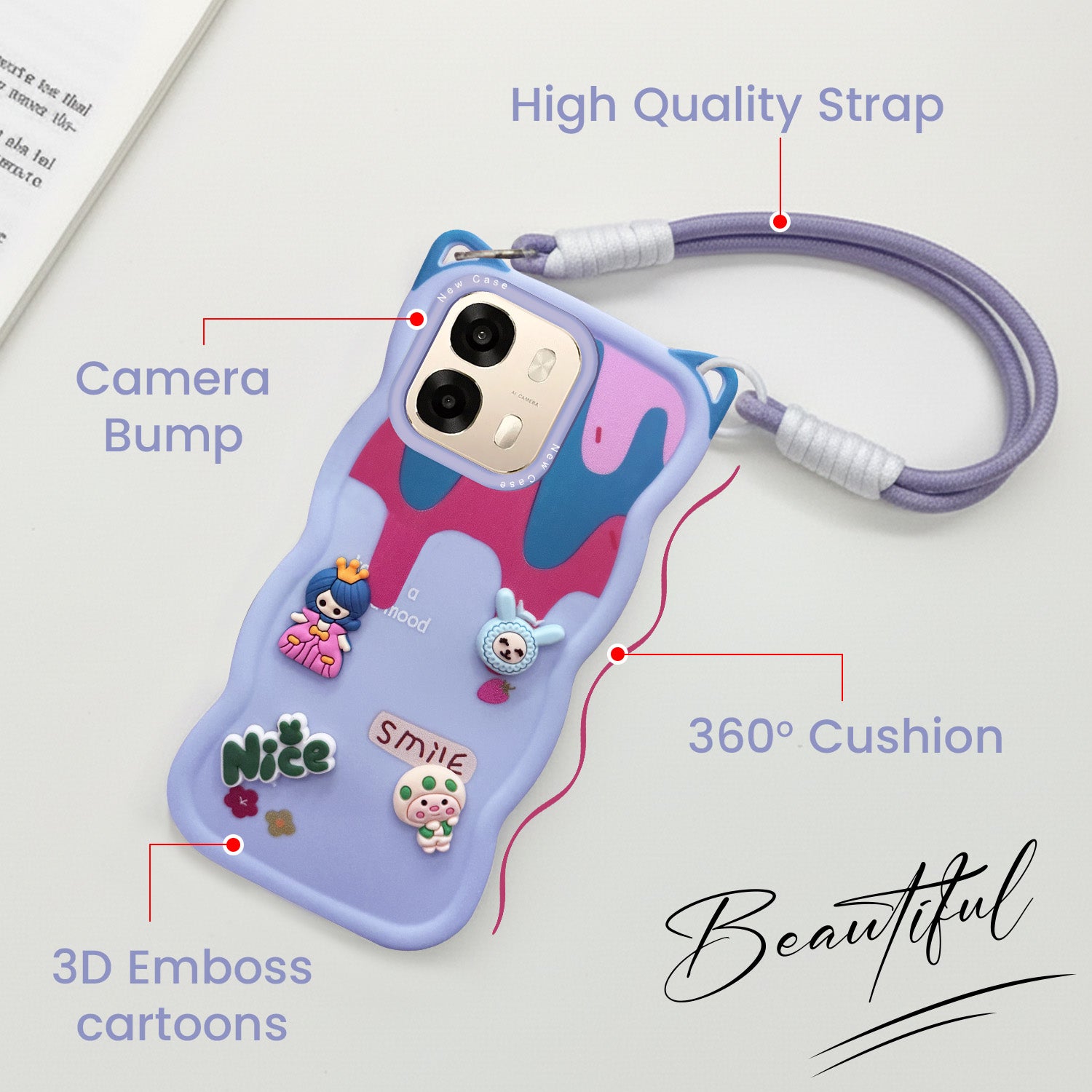 For Oppo A6 Pro Back Case Cover Strap (3D Embossed Figures | Strap Holder | 360* Soft Cushion with Camera Bump)