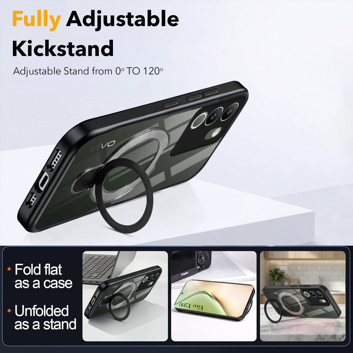For Vivo Y200 Back Cover Case (Kick Stand Ring Holder | Life time Anti Yellow | Camera Protection)