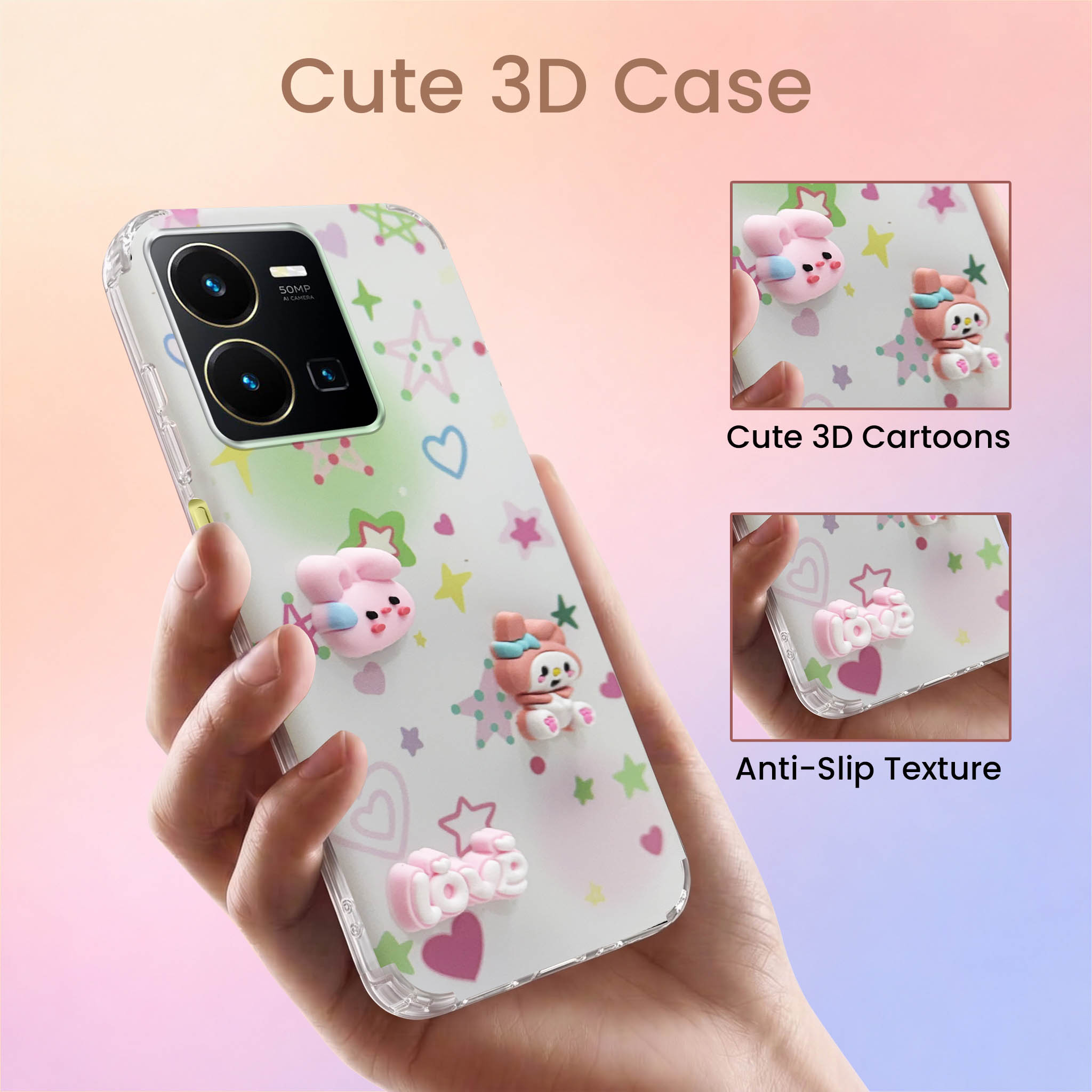 For Vivo Y35 Back Cover Case (3D Cute Cartoons | Hard Back Side Soft | Matte Premium Finish | HD Printing)