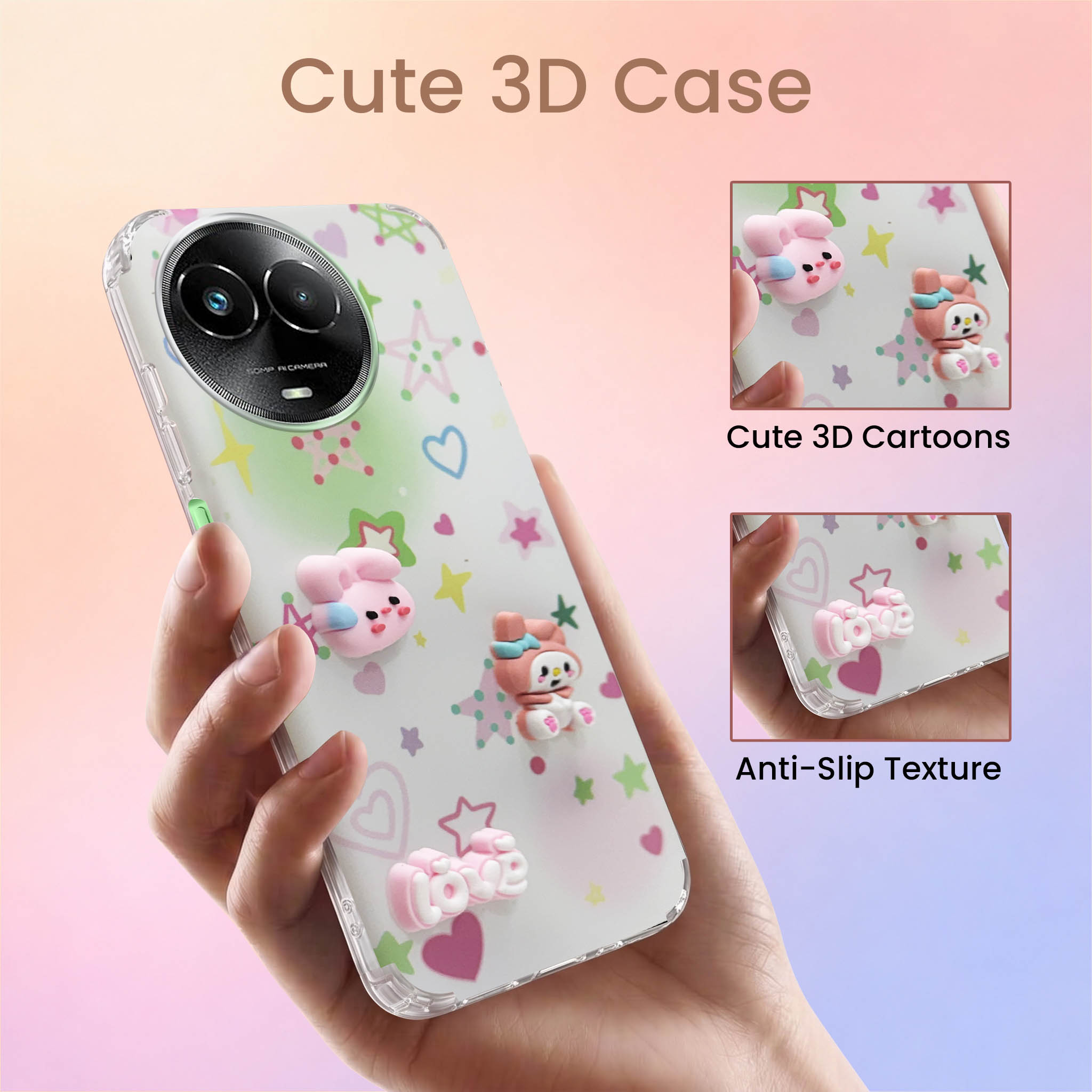 For Realme Narzo 60x Back Cover Case (3D Cute Cartoons | Hard Back Side Soft | Matte Premium Finish | HD Printing)