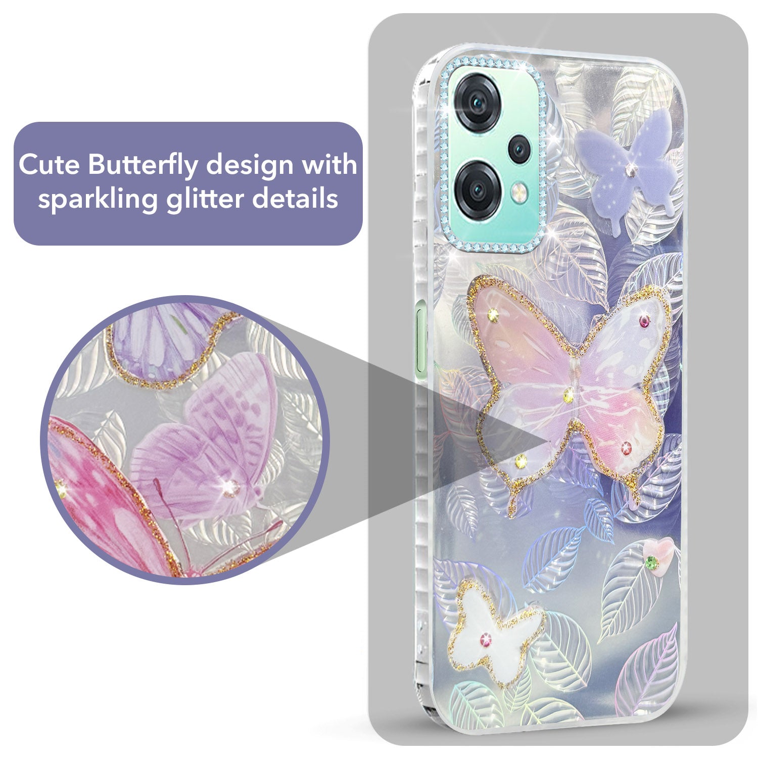 For OnePlus Nord CE 2 Lite Back Cover Case (Luxury Floral Glitter Cute Butterfly | Diamond Studded Camera Bump | Girls & Women Design)