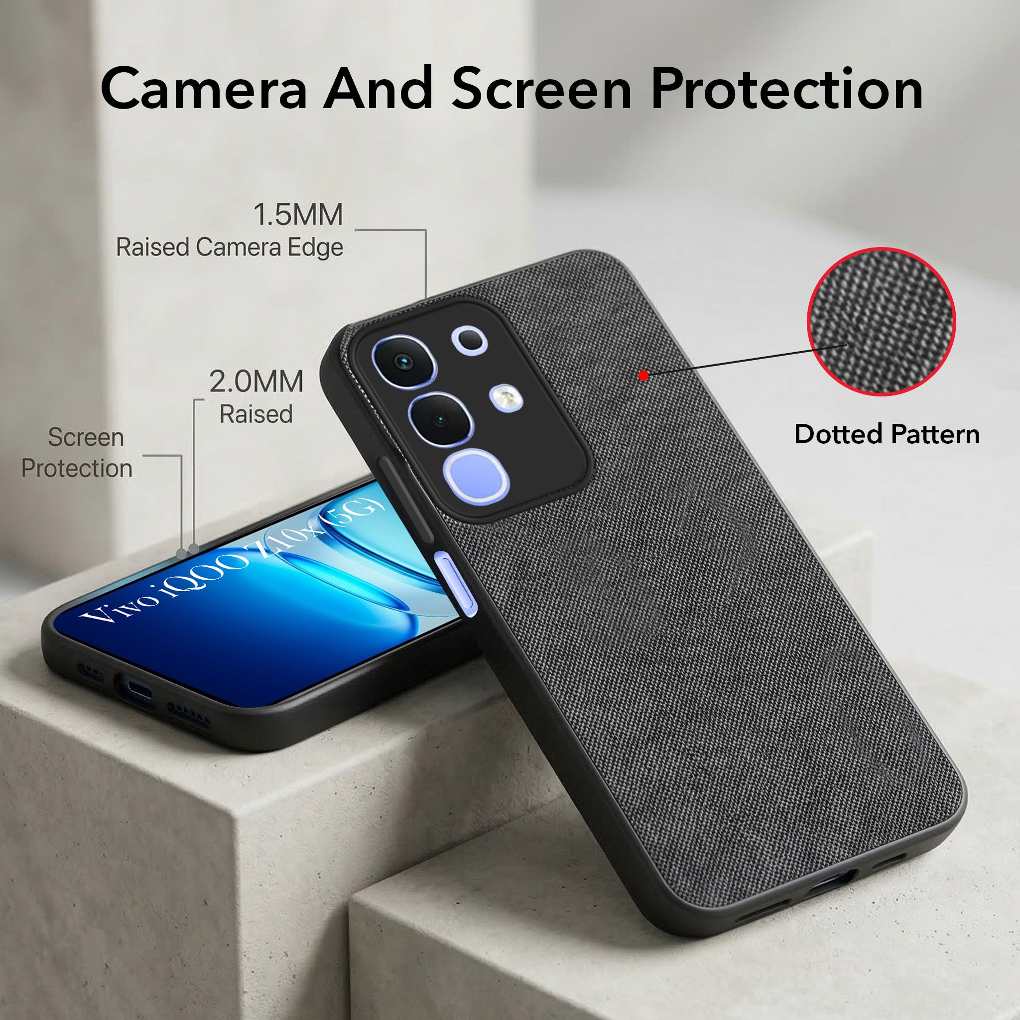 For Vivo iQOO Z10x Combo with Back Cover and 9H Tempered Glass (Textured Grip Design | Micro-Fiber Cloth Inside | Oleophobic Coating Screen Glass)