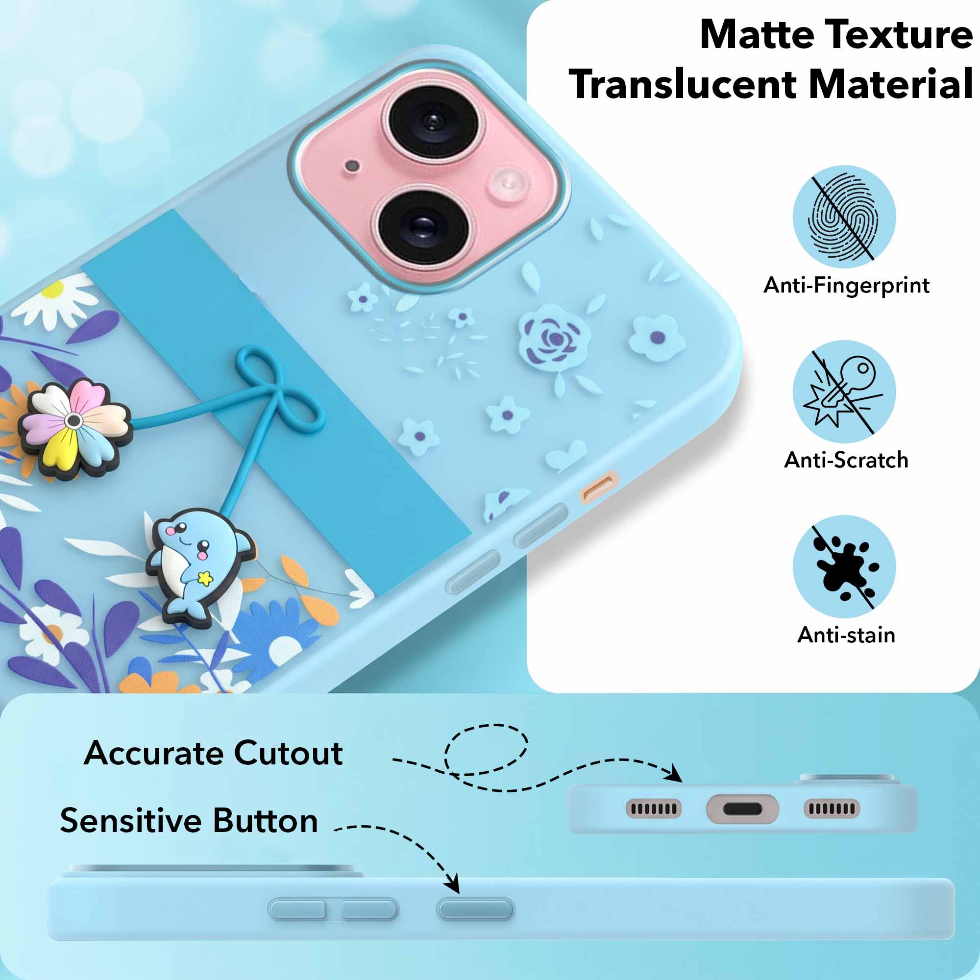 For Apple iPhone 15 Back Cover Case (3D Cute Cartoons | Hard Back Side Soft | Matte Premium Finish | HD Printing)