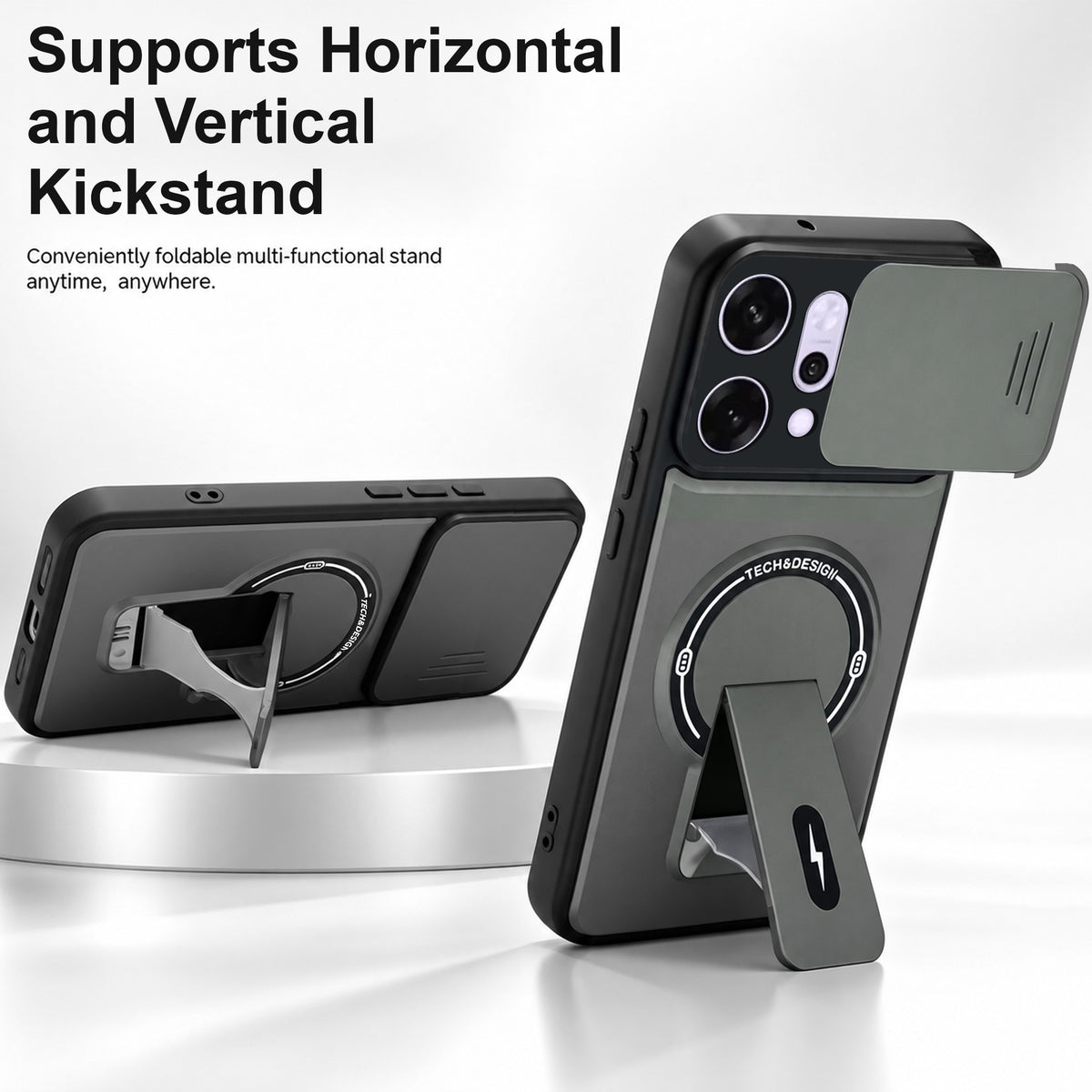 For Oppo Reno14 Pro 5G | Oppo Reno 14 Pro 5G Back Case Cover Metallic (Hybrid Armor Kickstand | Sliding Shutter Camera Protection | MagSafe Compatible)