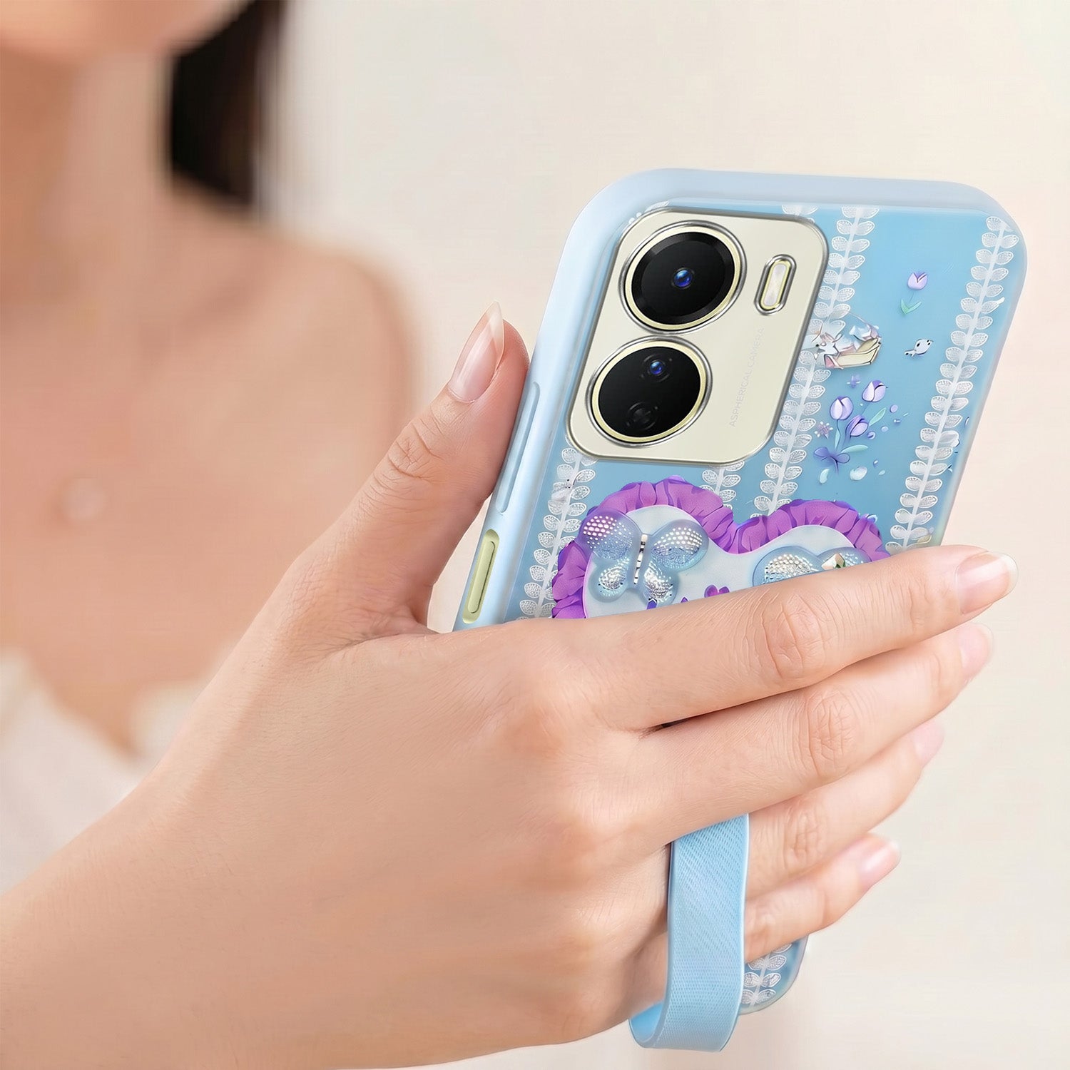 For Vivo Y16 Back Cover Case (3D Cute Heart Strap Holder | Camera Protection | Designer Girls Print)