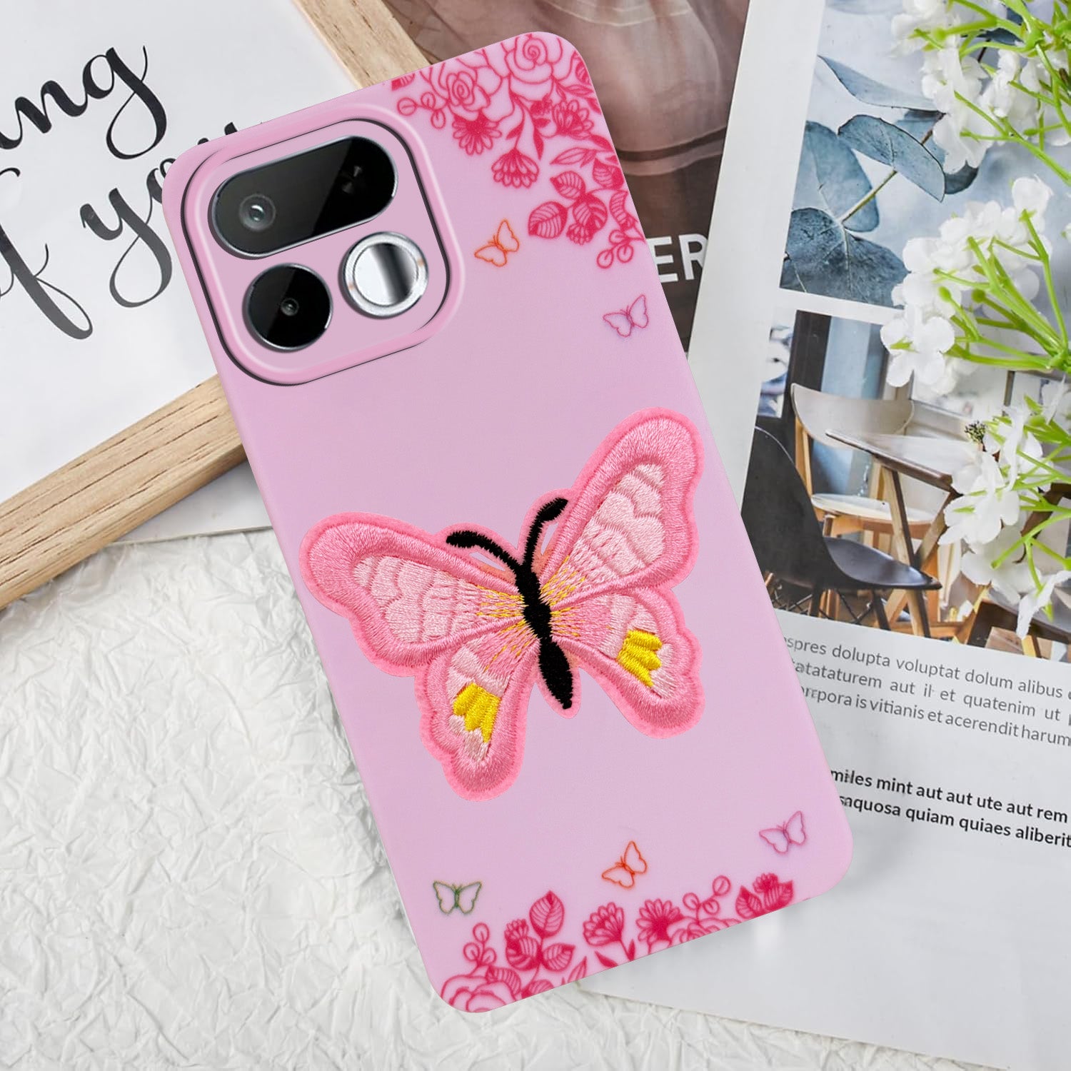 For Realme 16T 5G Back Cover Case (Soft Butterfly Embroidery | Women Teen Girls | Camera Protection| Matte Silicone)