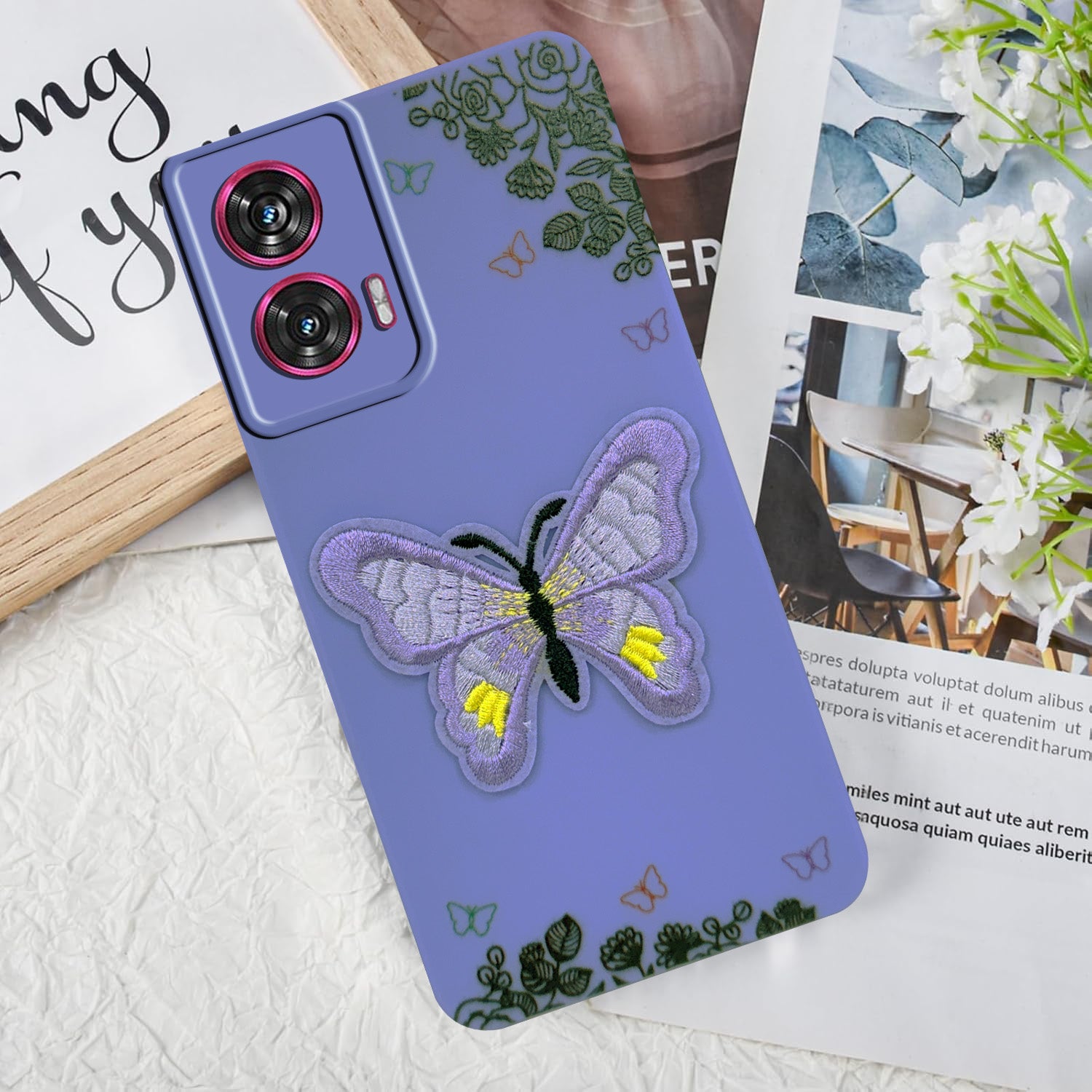 For Motorola Moto Edge 50 Fusion Back Cover Case (Soft Butterfly Embroidery | Women Teen Girls | Camera Protection| Matte Silicone)