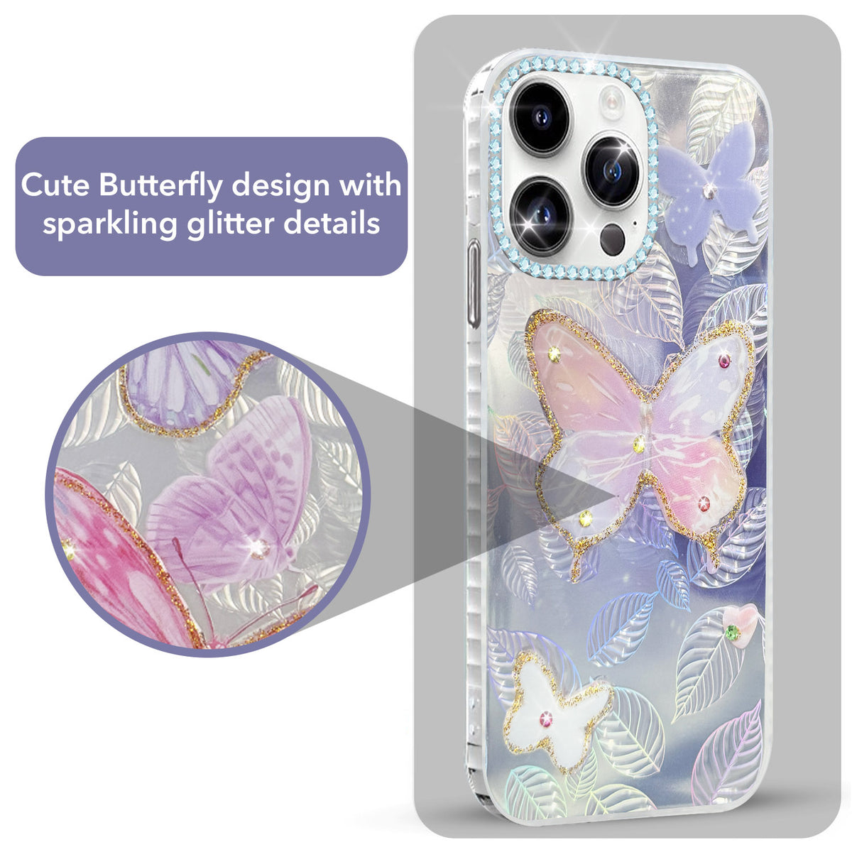 For Apple iPhone 14 Pro Back Cover Case (Luxury Floral Glitter Cute Butterfly | Diamond Studded Camera Bump | Girls & Women Design)