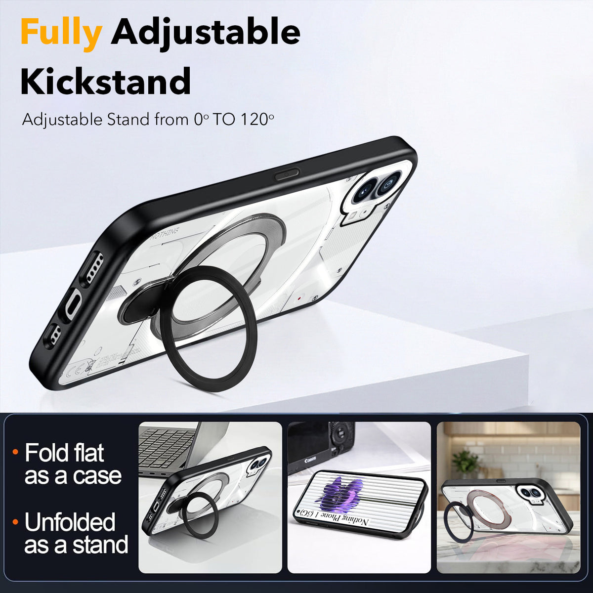 For Nothing Phone 1 Back Cover Case (Kick Stand Ring Holder | Life time Anti Yellow | Camera Protection)