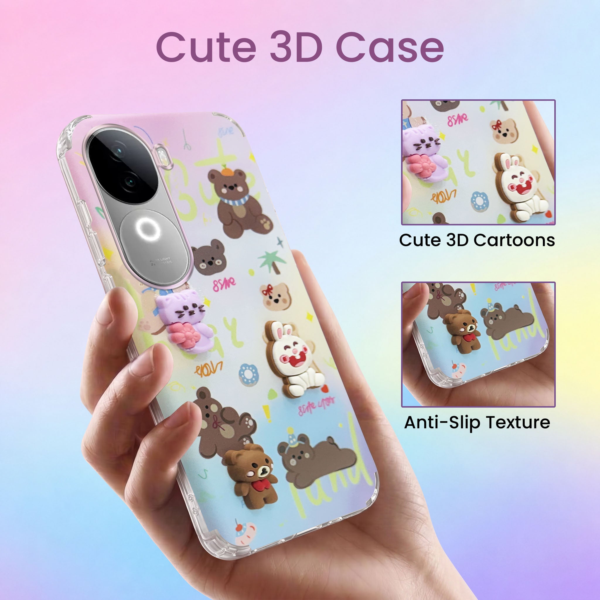 For Vivo iQOO Z9s Back Cover Case (3D Cute Cartoons | Hard Back Side Soft | Matte Premium Finish | HD Printing)