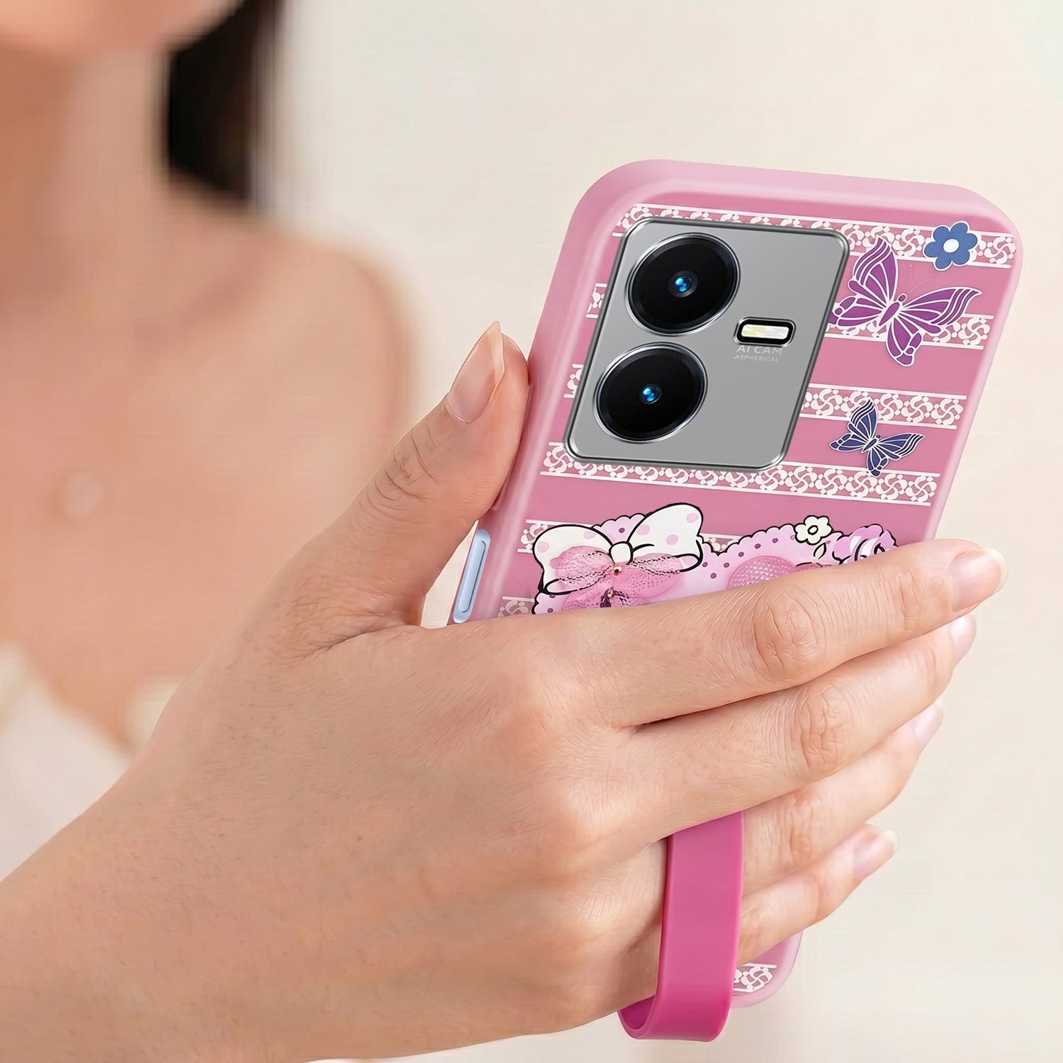 For Vivo Y22 | Vivo Y22s Back Cover Case (3D Cute Heart Strap Holder | Camera Protection | Designer Girls Print)