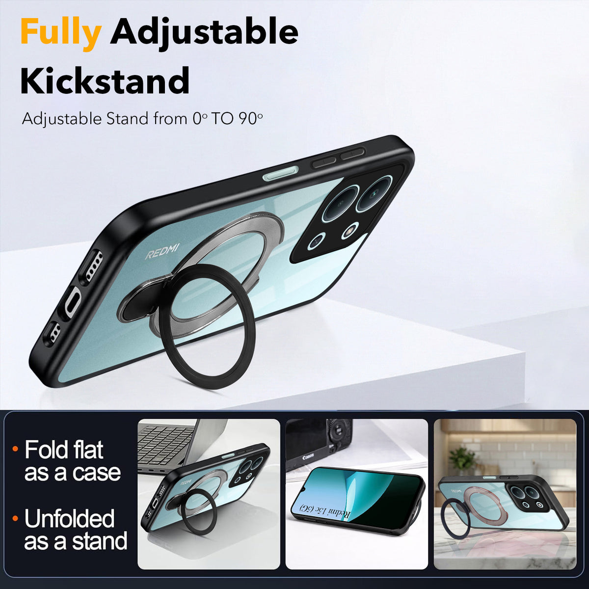 For Redmi 15C Back Cover Case (Kick Stand Ring Holder | Life time Anti Yellow | Camera Protection)