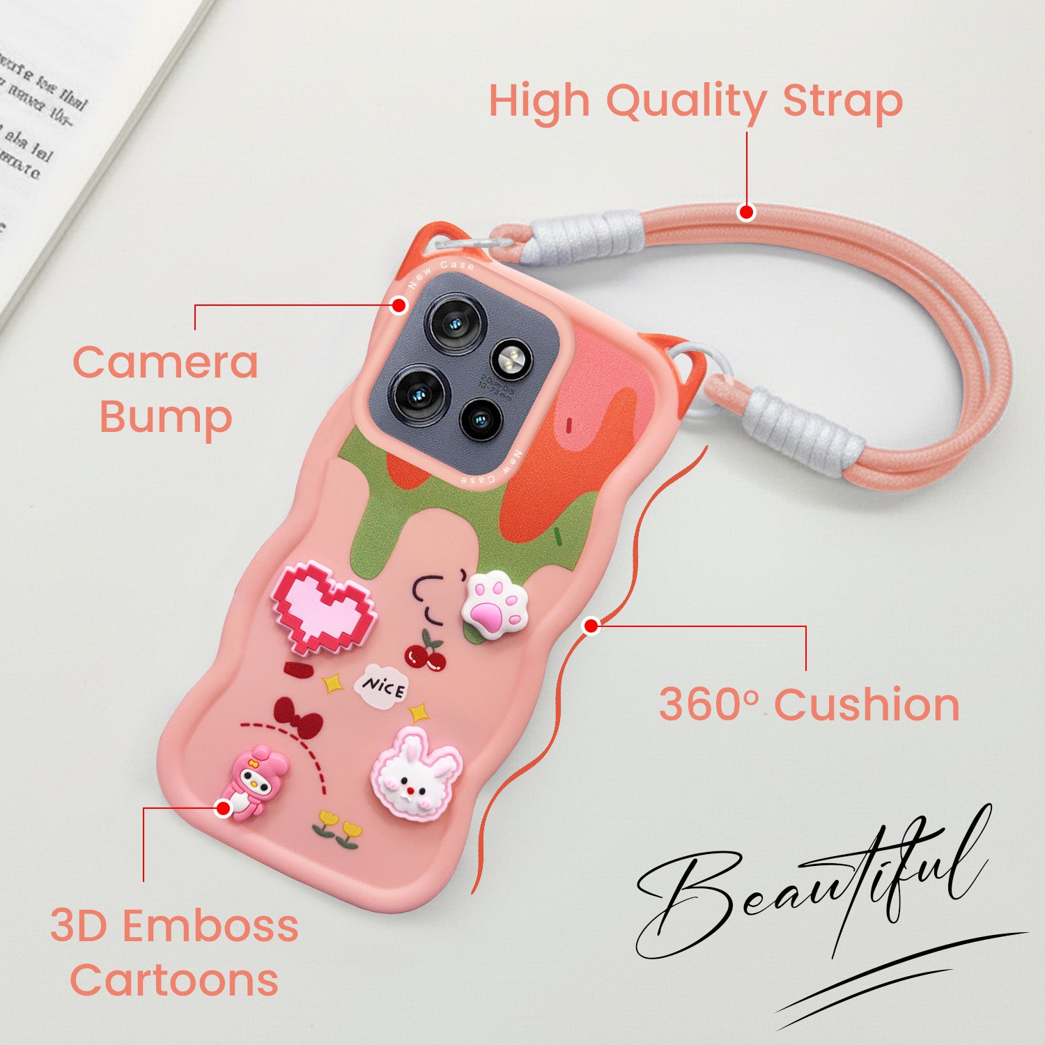 For Motorola Moto Edge 50 Neo Back Case Cover Strap (3D embossed Figures | Strap Holder | 360* Soft Cushion with Camera Bump)