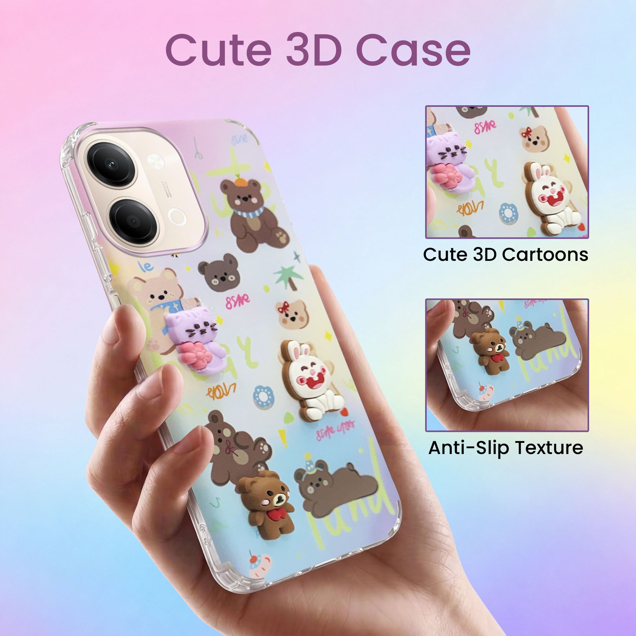 For Vivo Y05 4G Back Cover Case (3D Cute Cartoons | Hard Back Side Soft | Matte Premium Finish | HD Printing)
