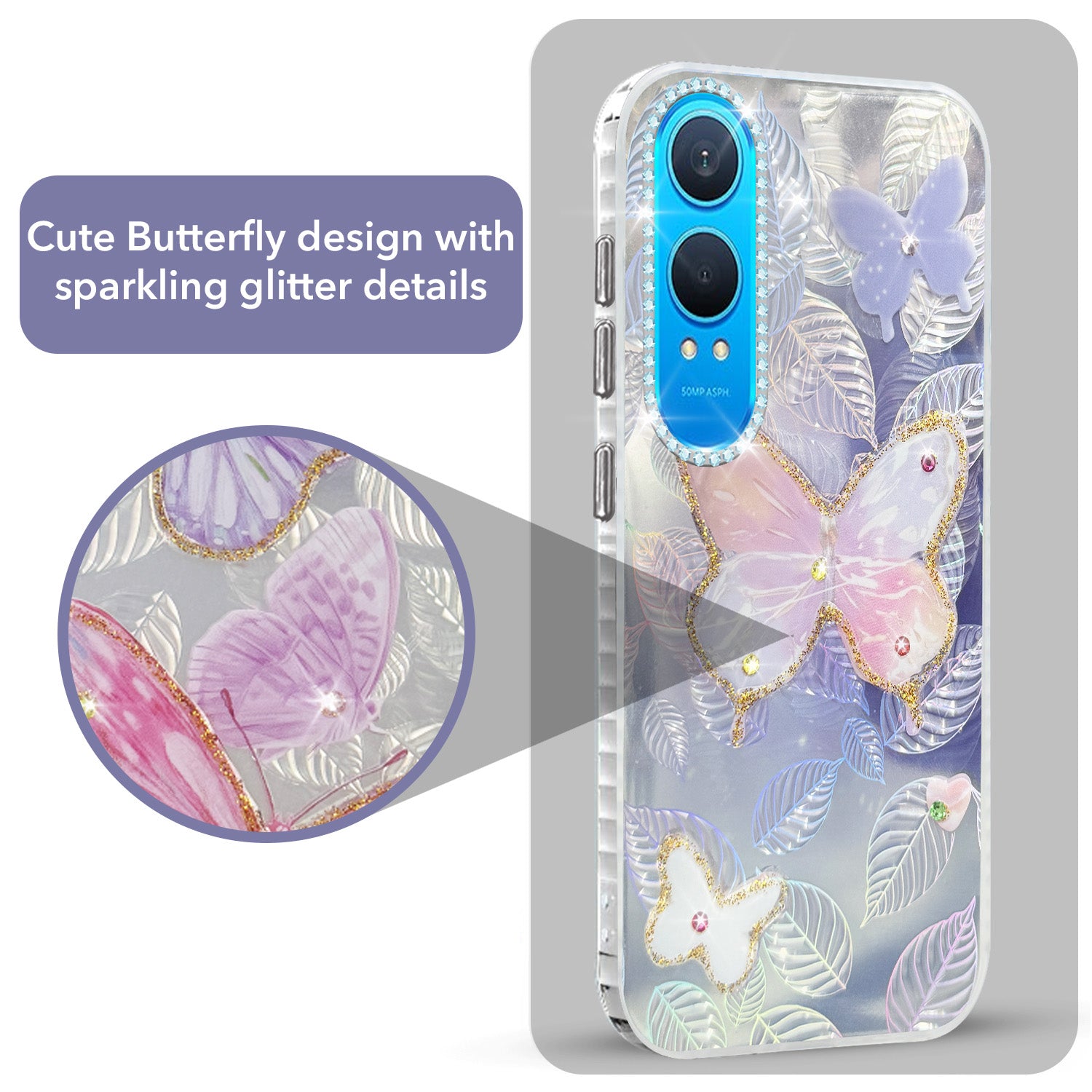 For OnePlus Nord CE 4 Lite Back Cover Case (Luxury Floral Glitter Cute Butterfly | Diamond Studded Camera Bump | Girls & Women Design)