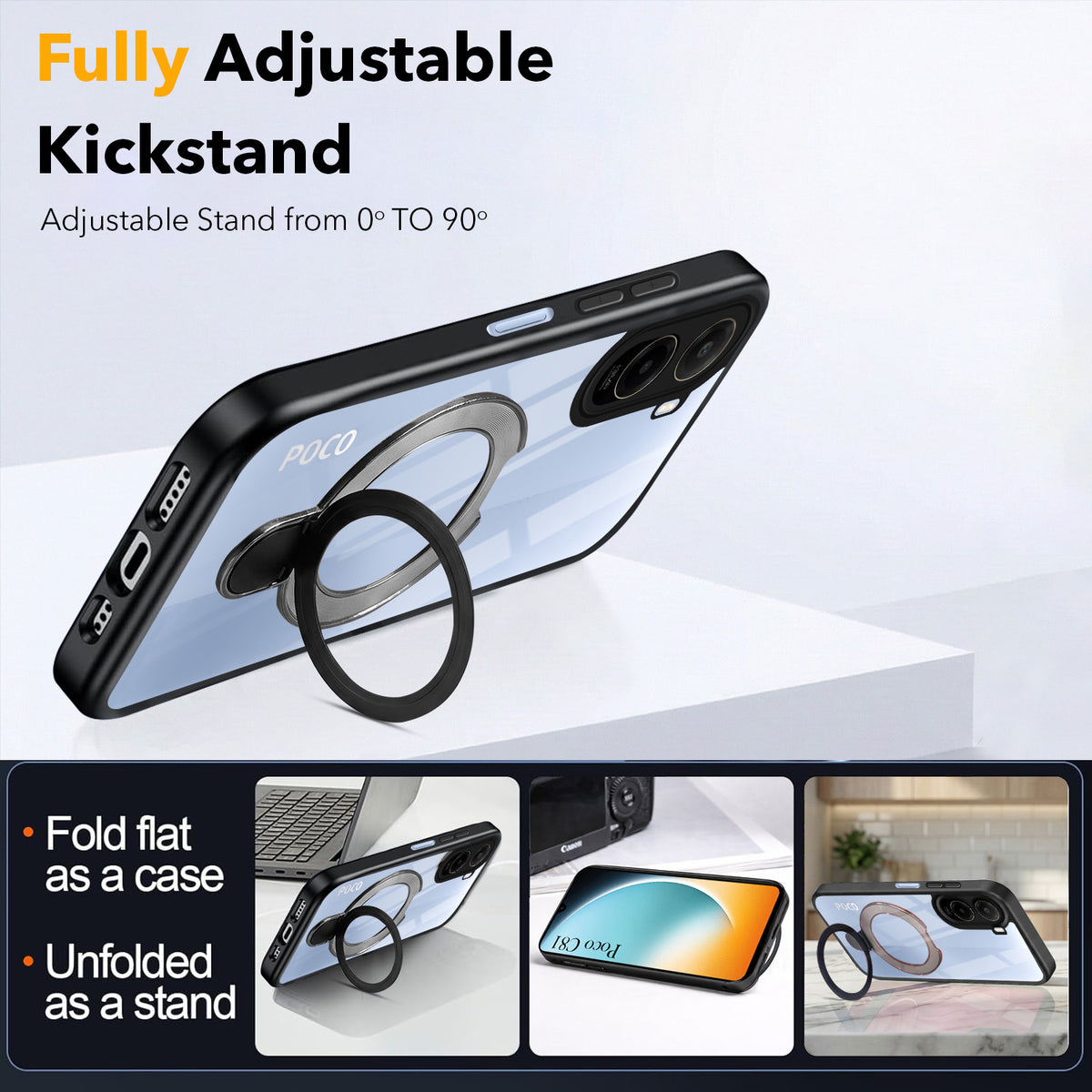For Poco C81 5G Back Cover Case (Kick Stand Ring Holder | Life time Anti Yellow | Camera Protection)