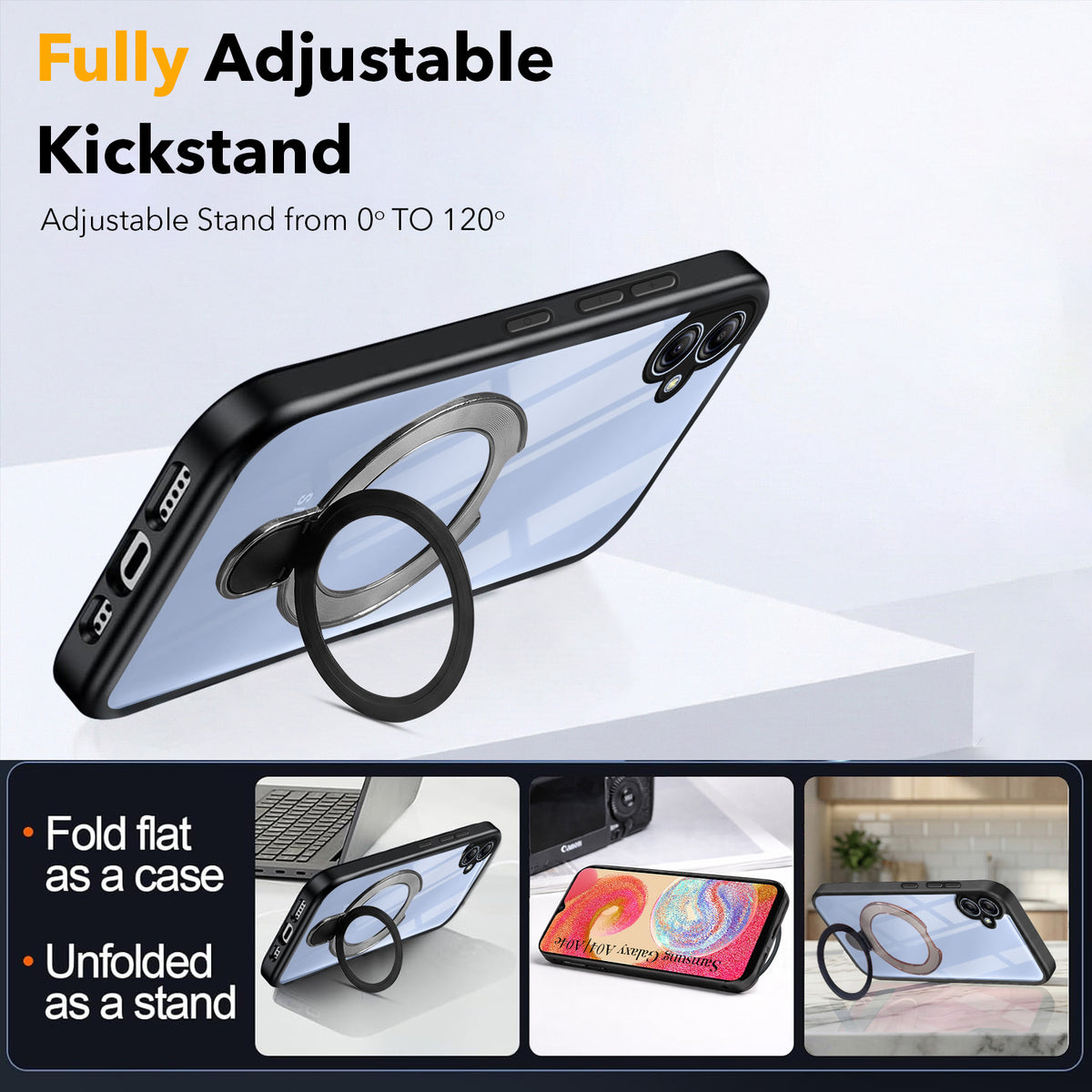 For Samsung Galaxy A04 | A04E Back Cover Case (Kick Stand Ring Holder | Life time Anti Yellow | Camera Protection)