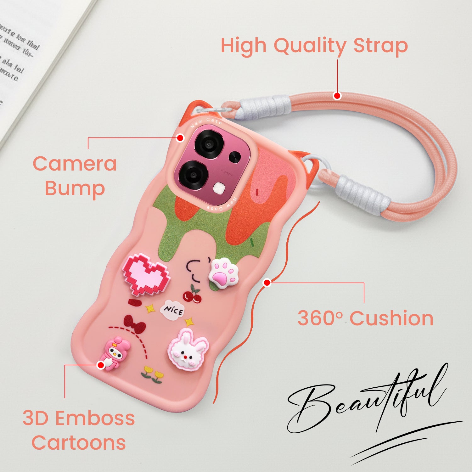 For Oppo F31 5G | Oppo F33 5G Back Case Cover Strap (3D embossed Figures | Strap Holder | 360* Soft Cushion with Camera Bump)