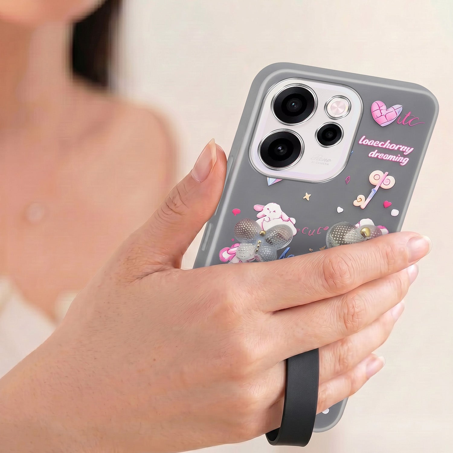 For Oppo Reno 15c Back Cover Case (3D Cute Heart Strap Holder | Camera Protection | Designer Girls Print)