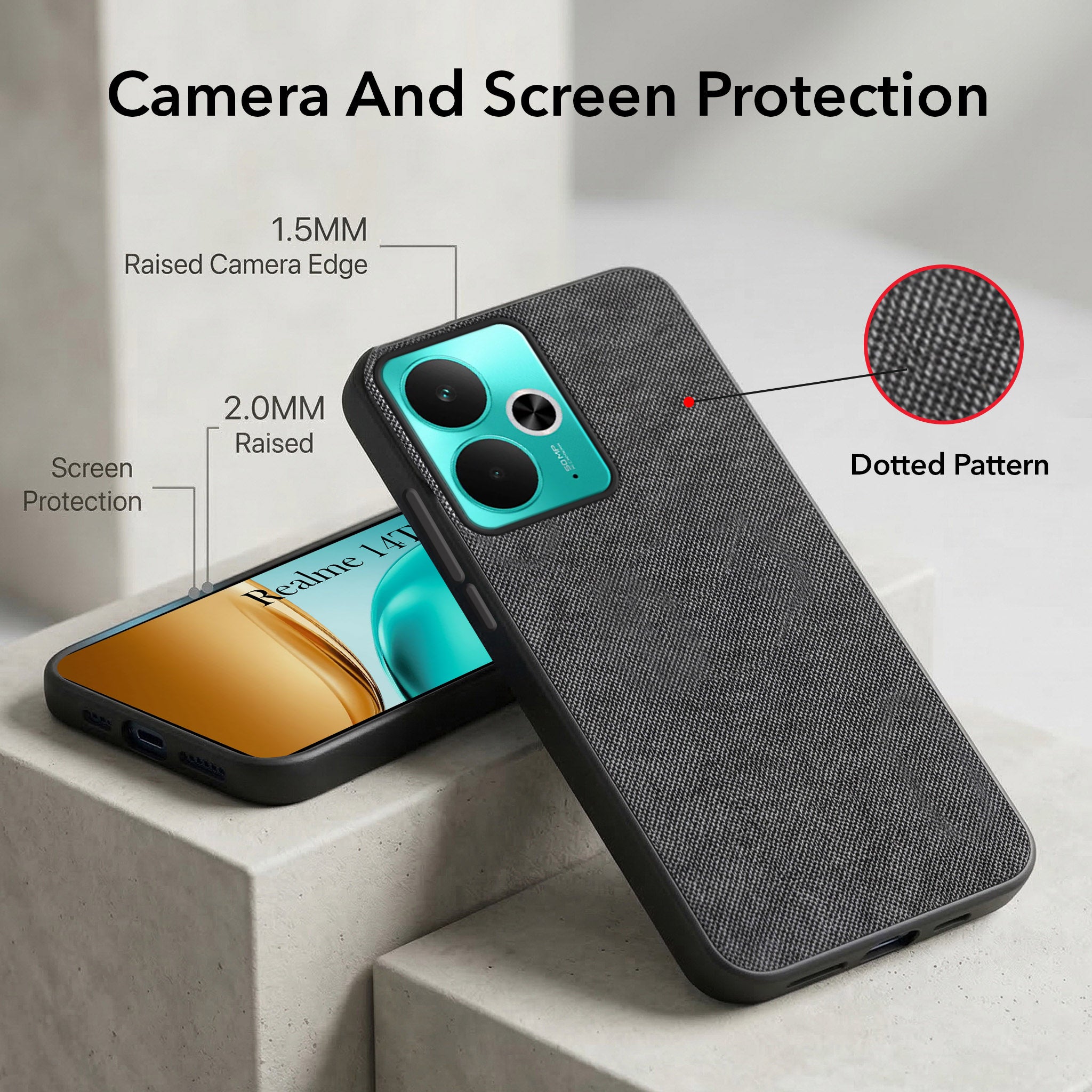 For Realme 14T Combo with Back Cover and 9H Tempered Glass (Textured Grip Design | Micro-Fiber Cloth Inside | Oleophobic Coating Screen Glass)