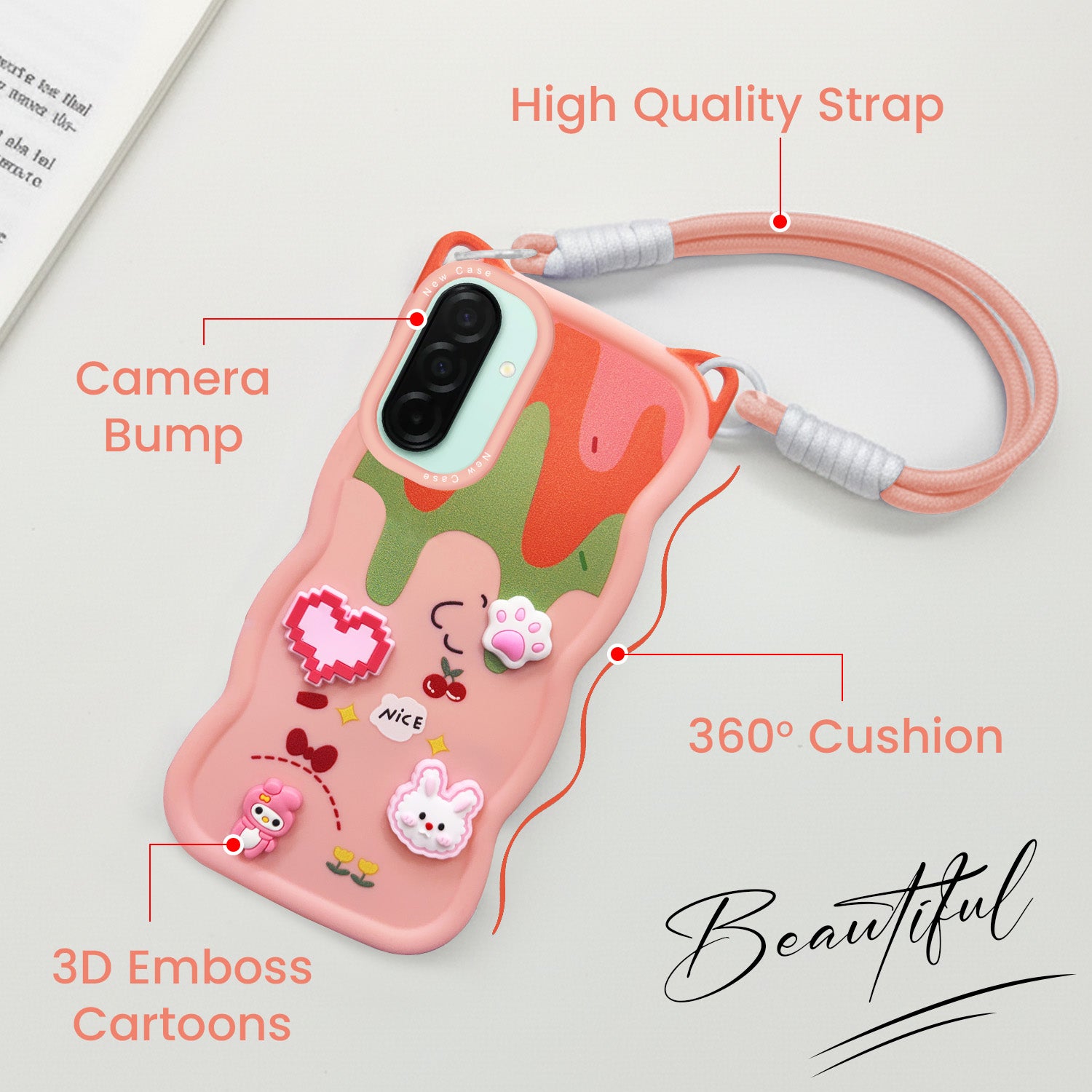 For Samsung Galaxy A26 5G Back Case Cover Strap(3D embossed Figures | Strap Holder | 360* Soft Cushion with Camera Bump)