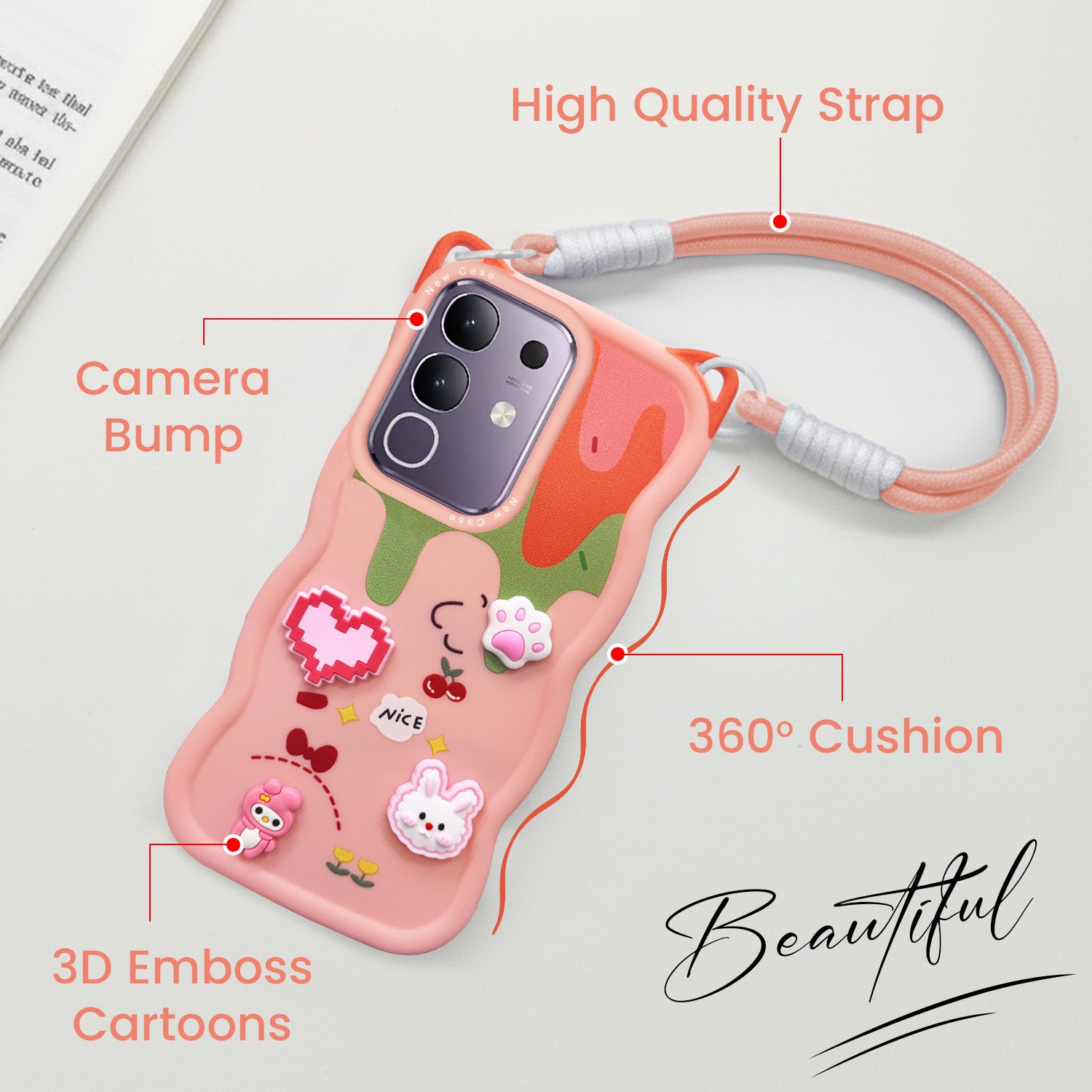 For Vivo T4x | Vivo Y31 Pro Back Case Cover Strap (3D embossed Figures | Strap Holder | 360* Soft Cushion with Camera Bump)