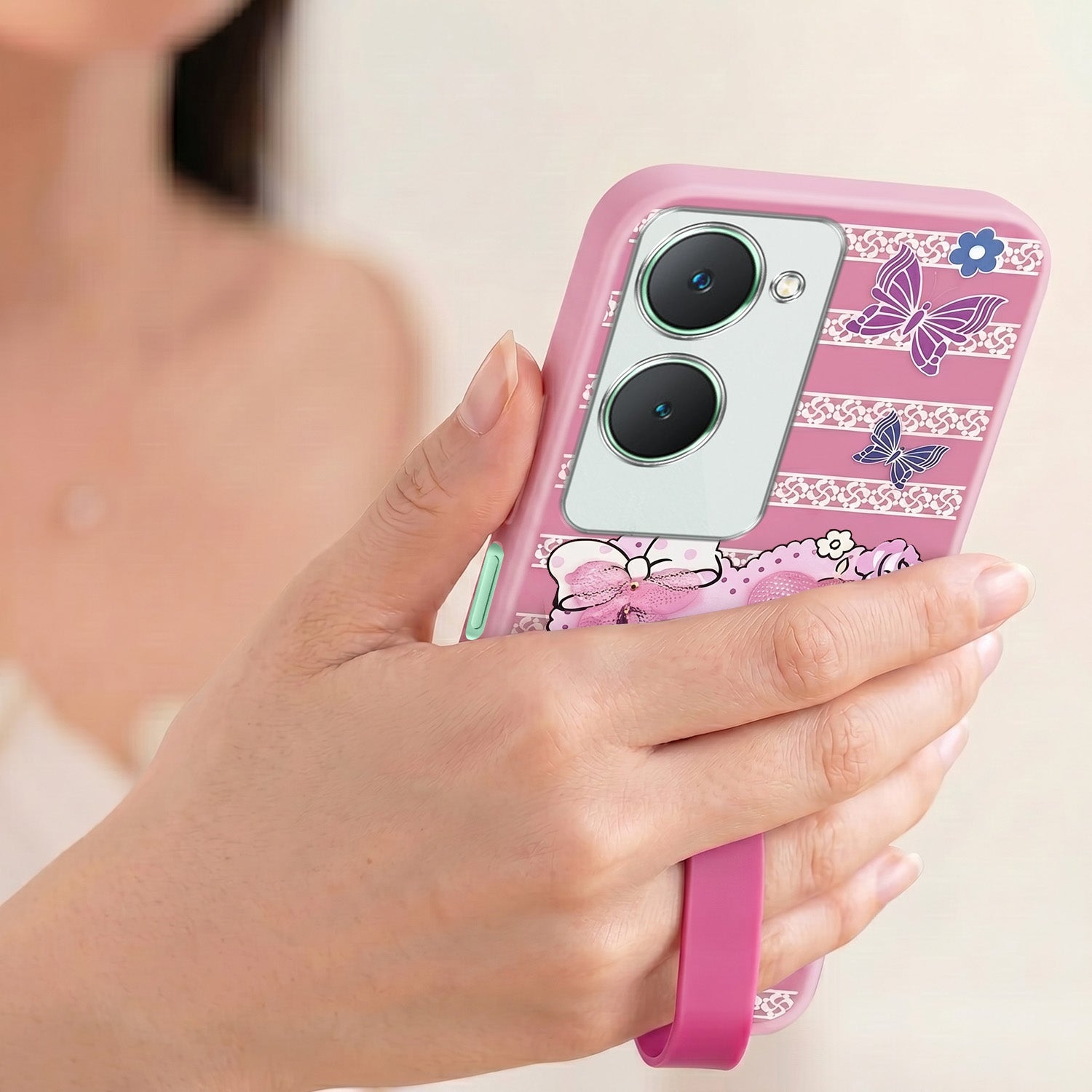 For Vivo Y18 | Y18e | Y03 | Y18i | Y18t Back Cover Case (3D Cute Heart Strap Holder | Camera Protection | Designer Girls Print)