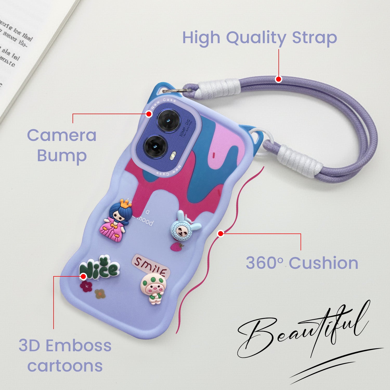 For Motorola Moto G85 5G Back Case Cover Strap(3D embossed Figures | Strap Holder | 360* Soft Cushion with Camera Bump)