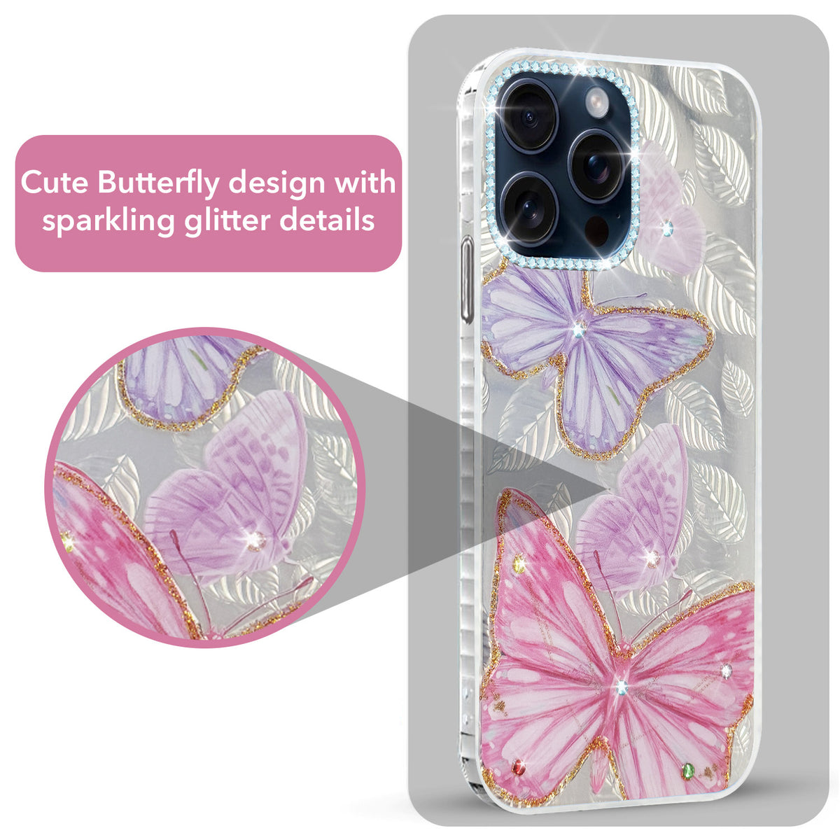 For Apple iPhone 15 Pro Max Back Cover Case (Luxury Floral Glitter Cute Butterfly | Diamond Studded Camera Bump | Girls & Women Design)
