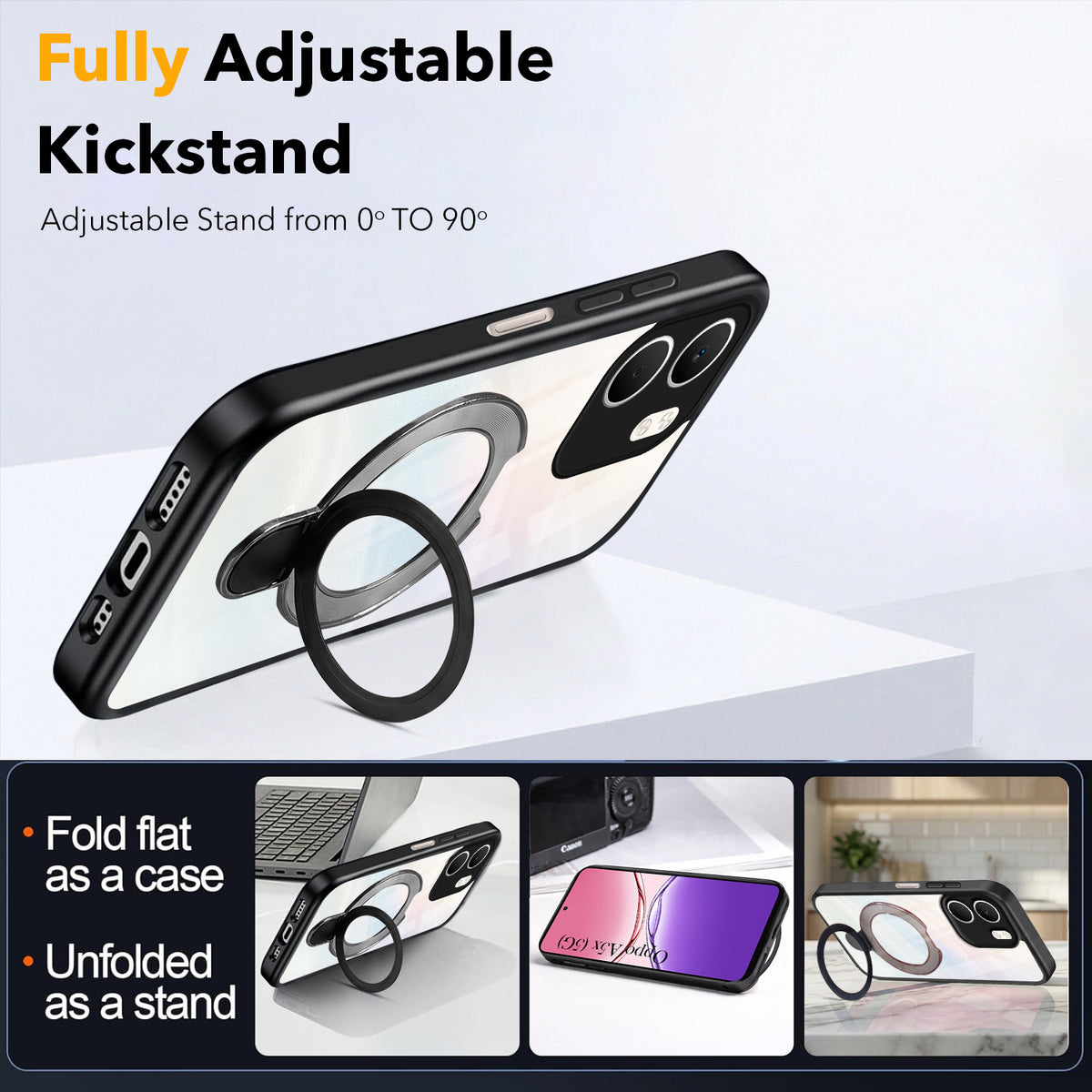 For Oppo A5X Back Cover Case (Kick Stand Ring Holder | Life time Anti Yellow | Camera Protection)
