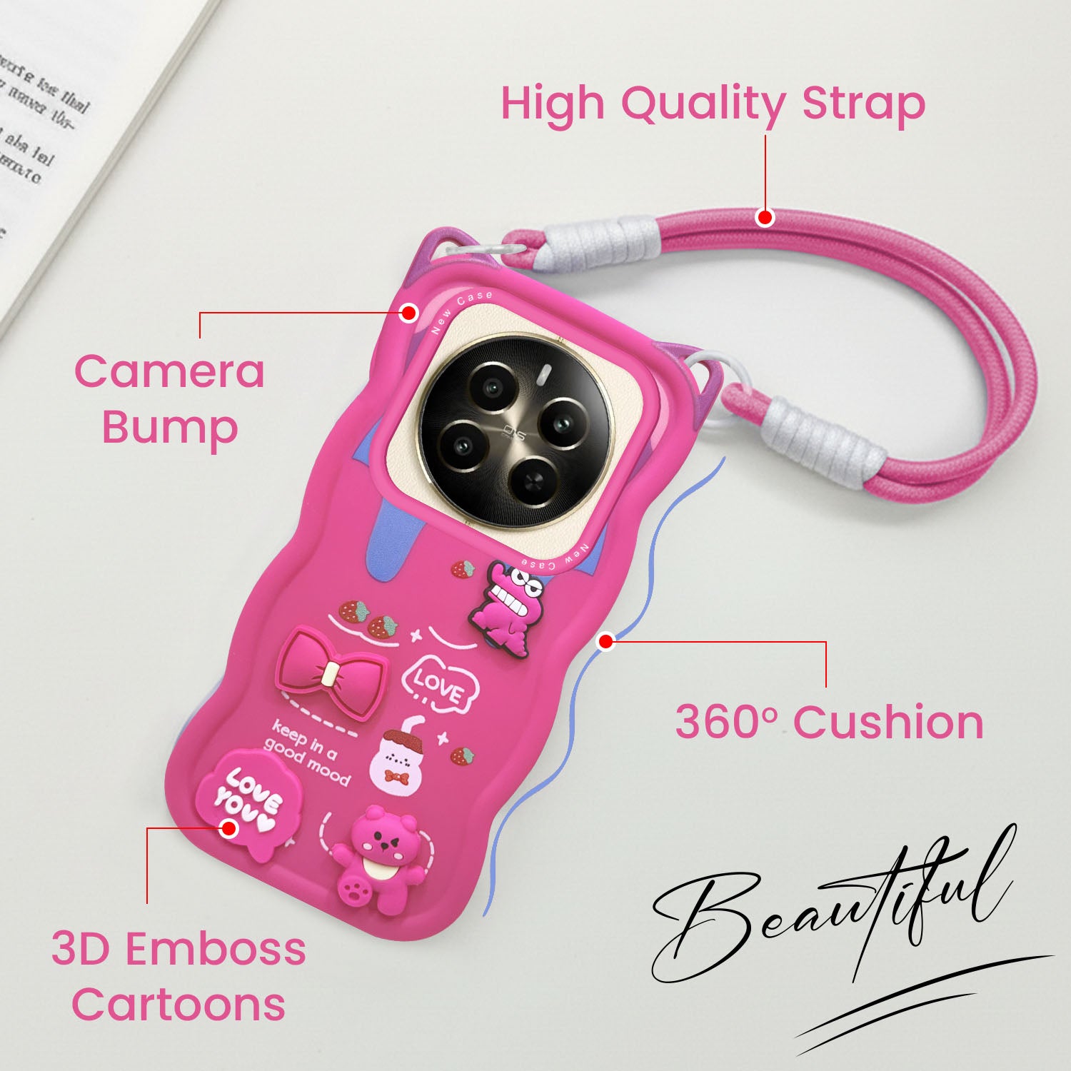 For Realme 12 Plus Back Case Cover Strap (3D Embossed Figures | Strap Holder | 360* Soft Cushion with Camera Bump)