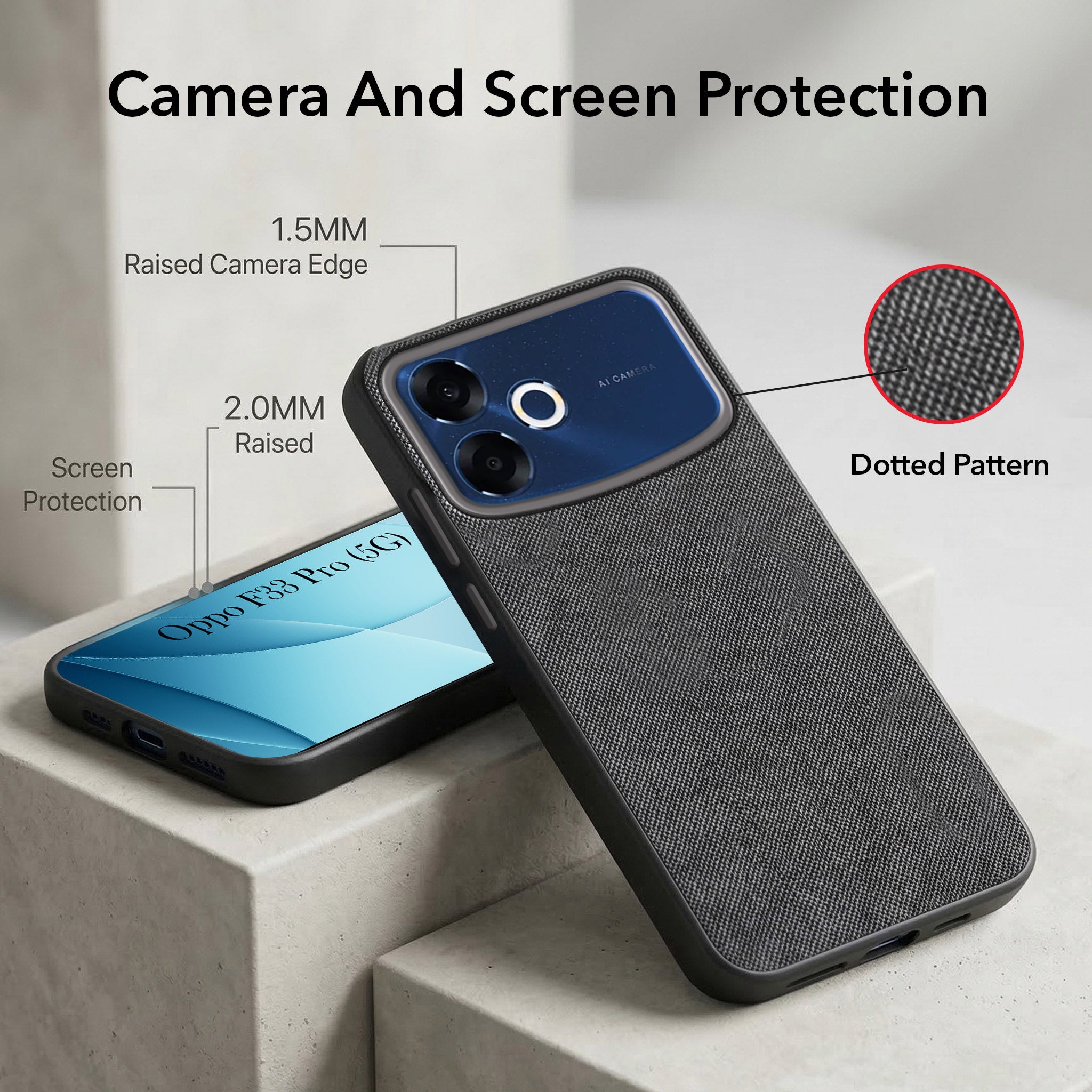 For Oppo F33 Pro 5G Combo with Back Cover and 9H Tempered Glass (Textured Grip Design | Micro-Fiber Cloth Inside | Oleophobic Coating Screen Glass)