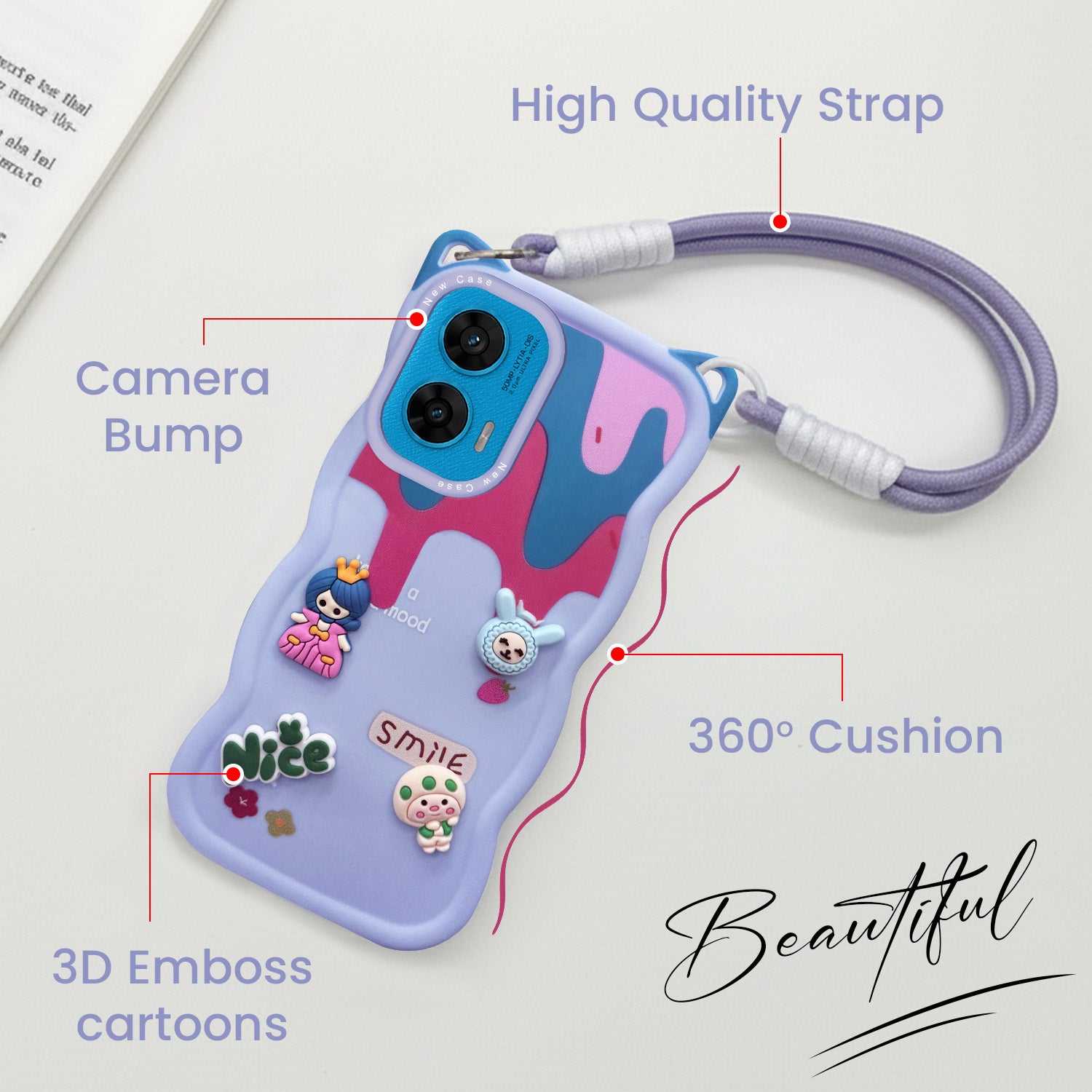 For Motorola Moto G96 Back Case Cover Strap (3D embossed Figures | Strap Holder | 360* Soft Cushion with Camera Bump)