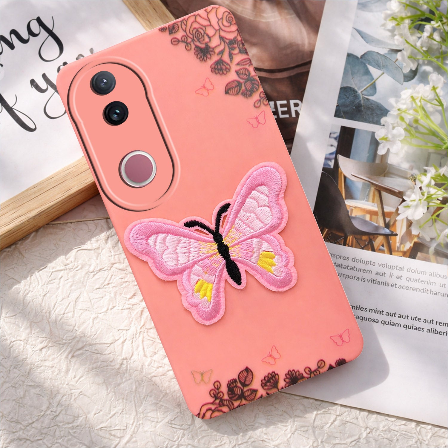 For Vivo V50 | Vivo V50e Back Cover Case (Soft Butterfly Embroidery | Women Teen Girls | Camera Protection| Matte Silicone)
