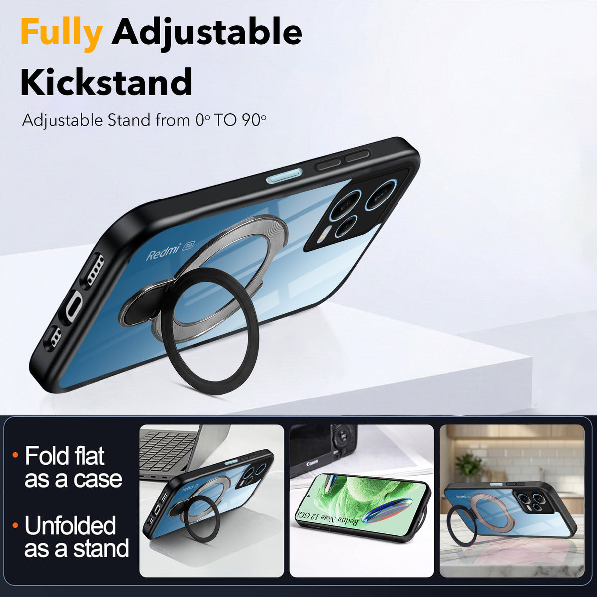 For Redmi Note 12 5G Back Cover Case (Kick Stand Ring Holder | Life time Anti Yellow | Camera Protection)