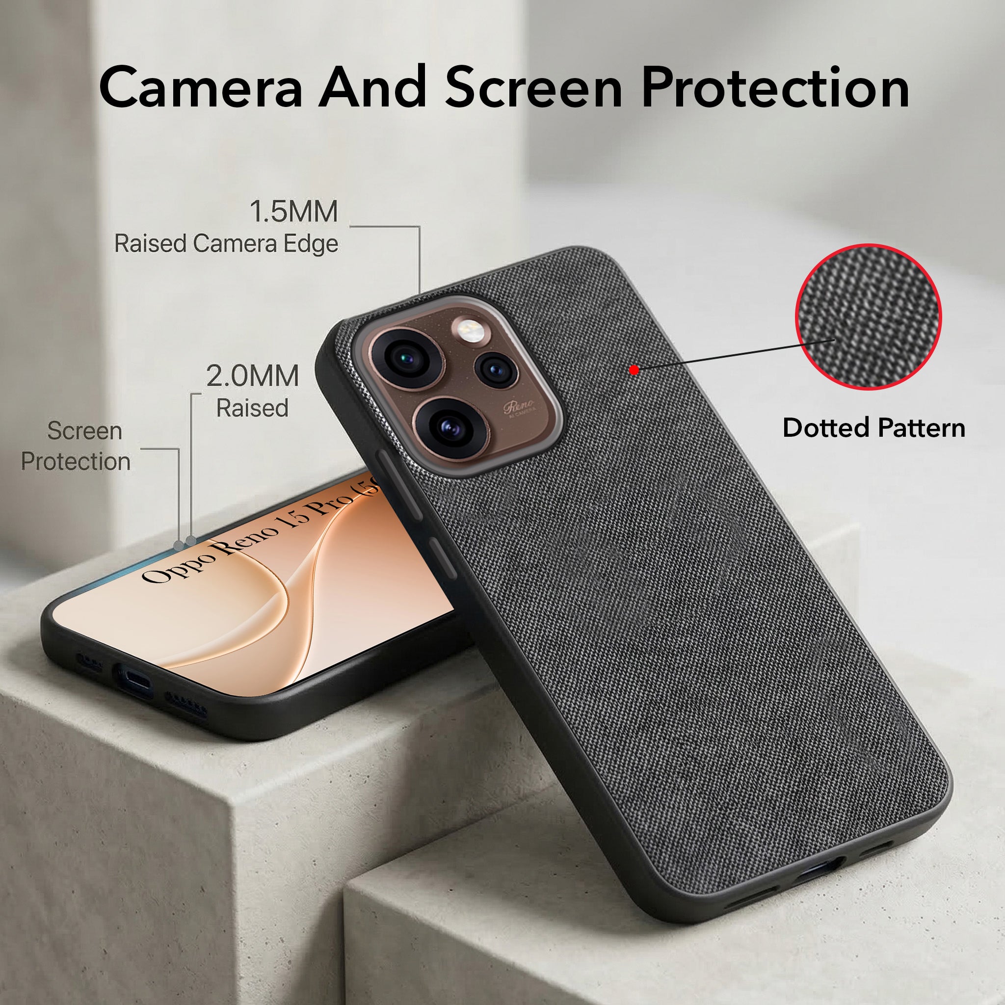 For Oppo Reno15 Pro 5G | Oppo Reno 15 Pro 5G Combo with Back Cover and 9H Tempered Glass (Textured Grip Design | Micro-Fiber Cloth Inside | Oleophobic Coating Screen Glass)