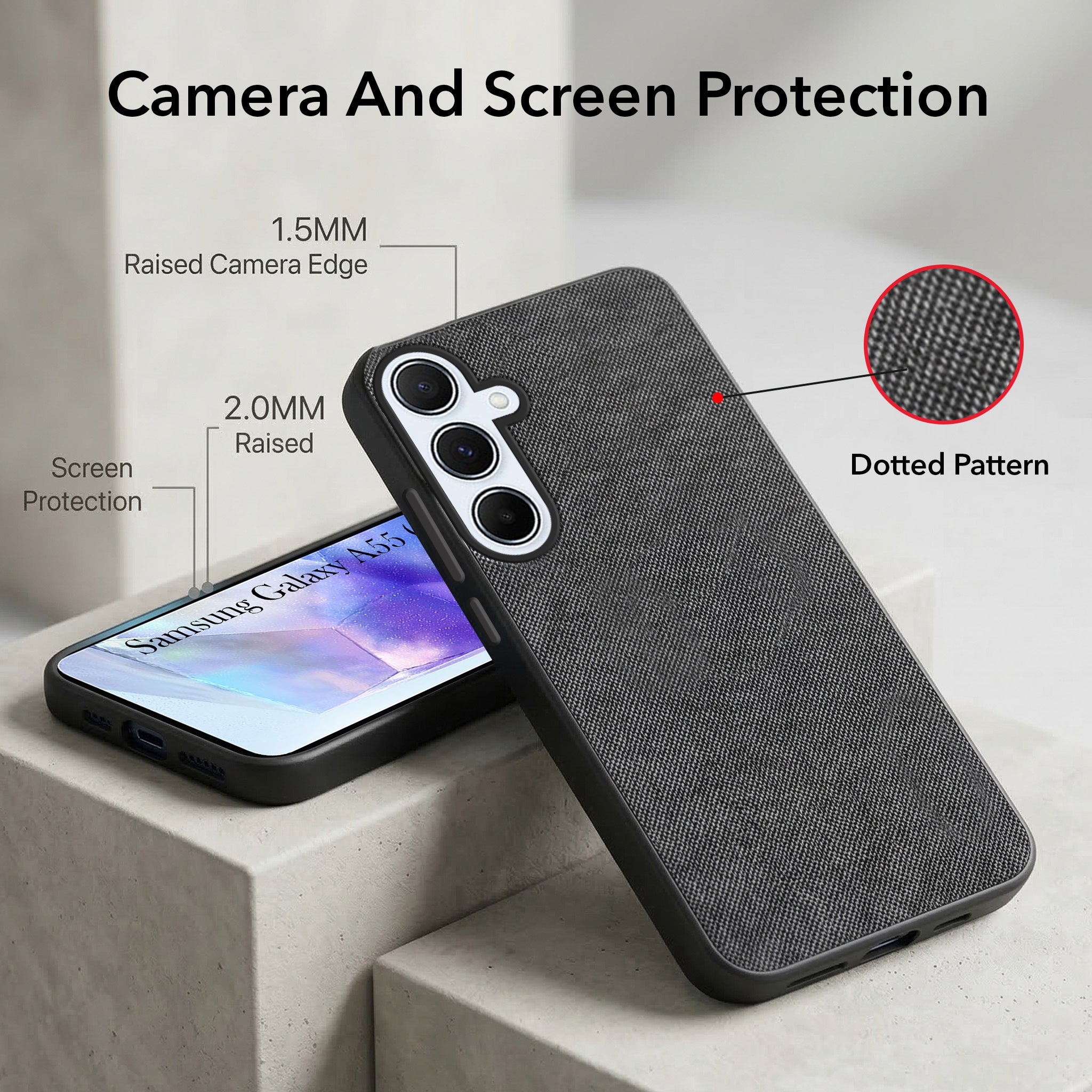 For Samsung Galaxy A55 5G Combo with Back Cover and 9H Tempered Glass (Textured Grip Design | Micro-Fiber Cloth Inside | Oleophobic Coating Screen Glass)