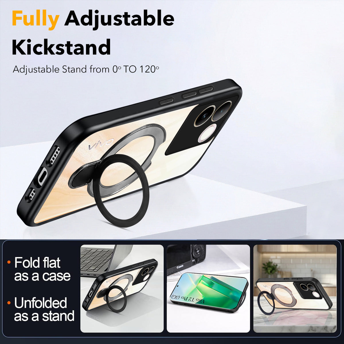 For Vivo T2 Pro Back Cover Case (Kick Stand Ring Holder | Life time Anti Yellow | Camera Protection)