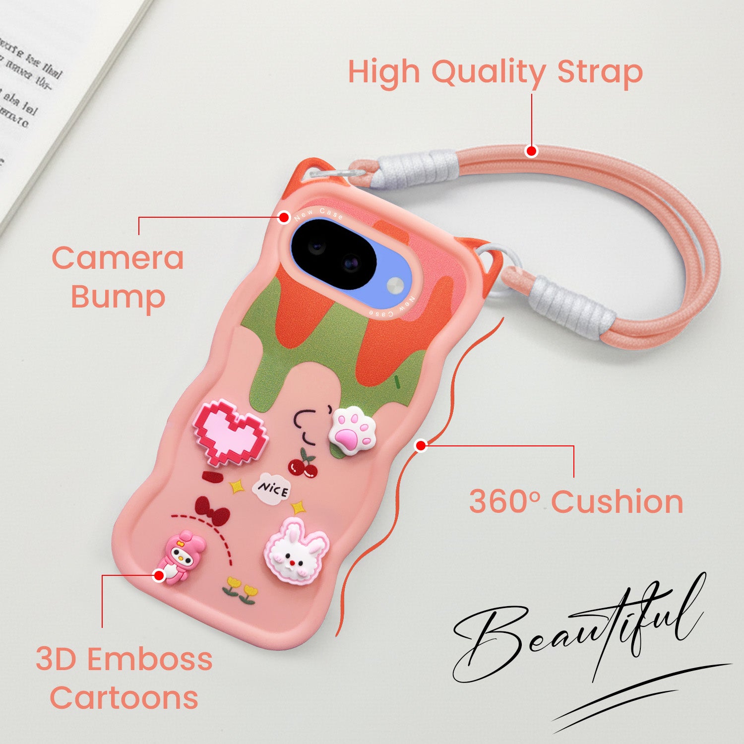 For Google Pixel 10a Back Case Cover Strap (3D Embossed Figures | Strap Holder | 360* Soft Cushion with Camera Bump)