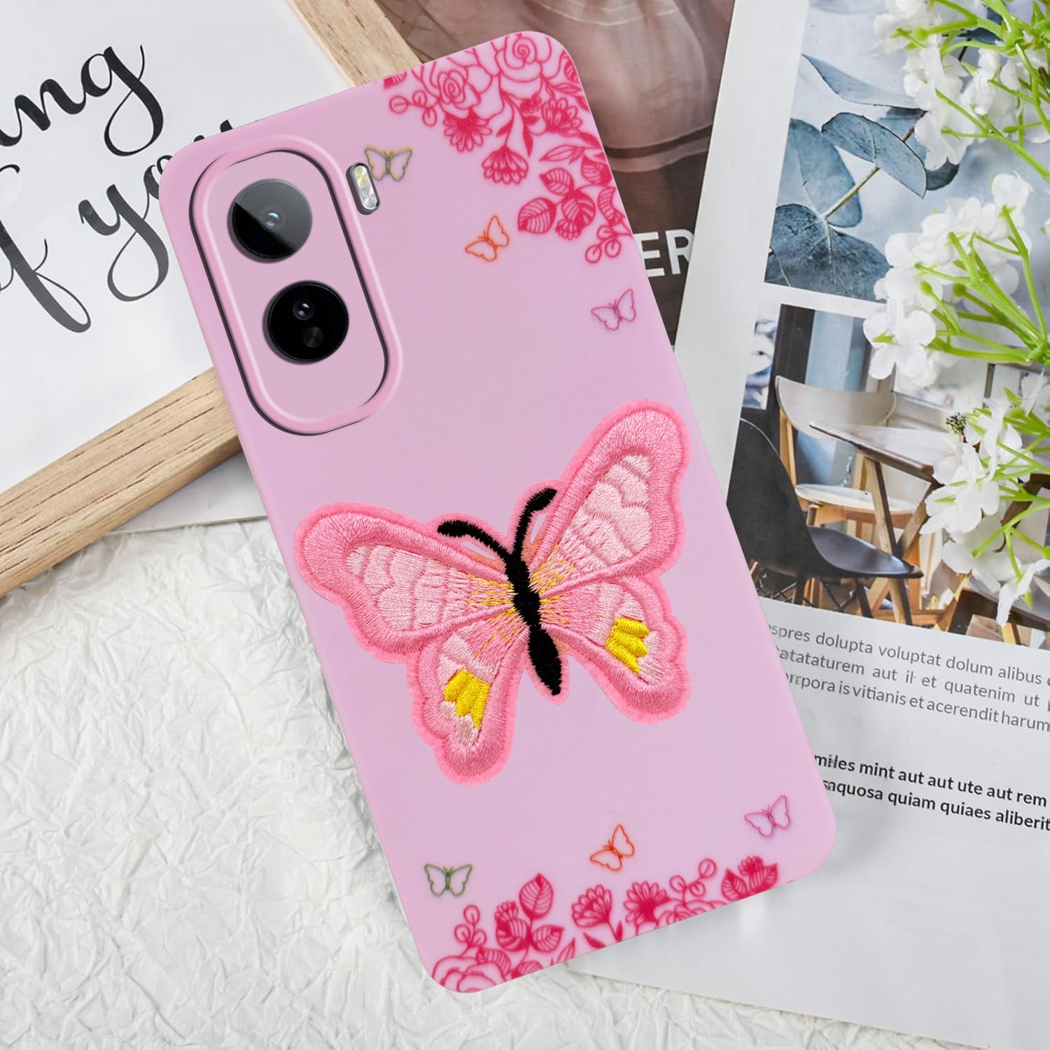 For Vivo T5 Pro 5G Back Cover Case (Soft Butterfly Embroidery | Women Teen Girls | Camera Protection| Matte Silicone)