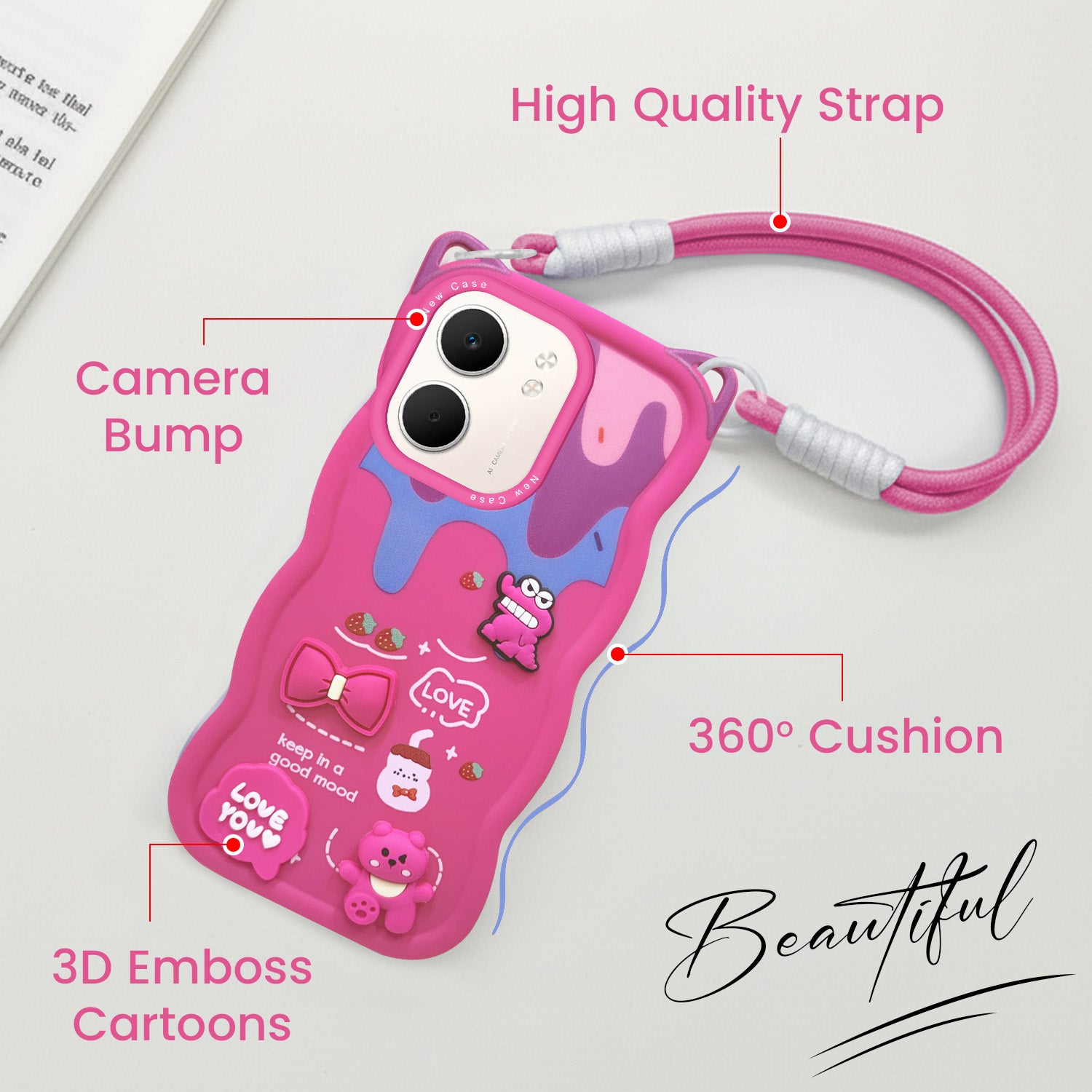 For Oppo A5X Back Case Cover Strap (3D embossed Figures | Strap Holder | 360* Soft Cushion with Camera Bump)