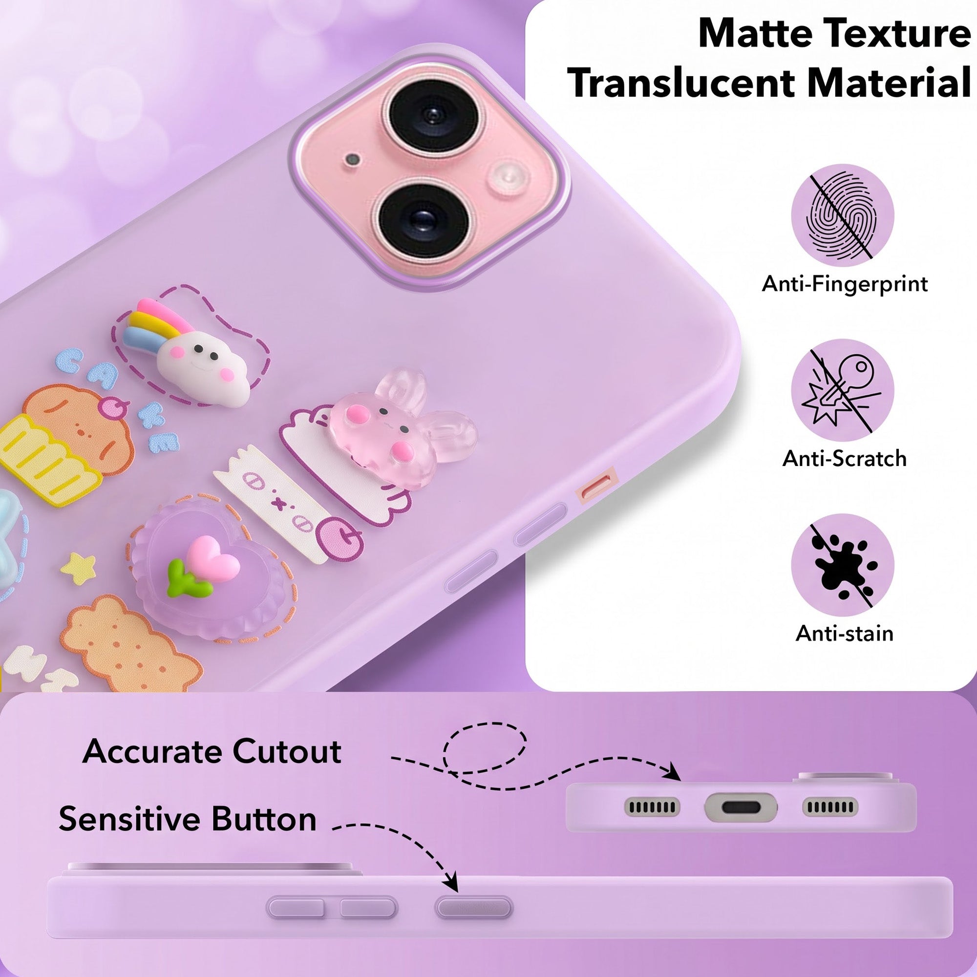 For Apple iPhone 15 Back Cover Case (3D Cute Cartoons | Hard Back Side Soft | Matte Premium Finish | HD Printing)