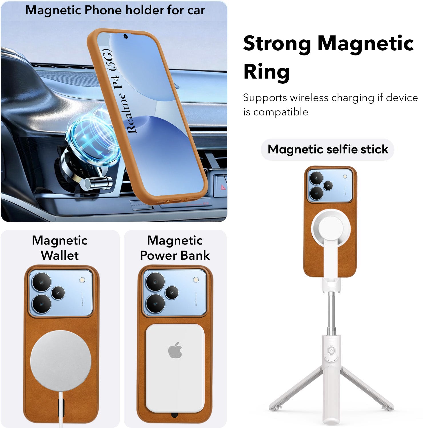 For Realme P4 Back Cover Case Leather Finish (MagSafe Compatible Wireless Charging | Soft Touch | Camera Bump Protection)