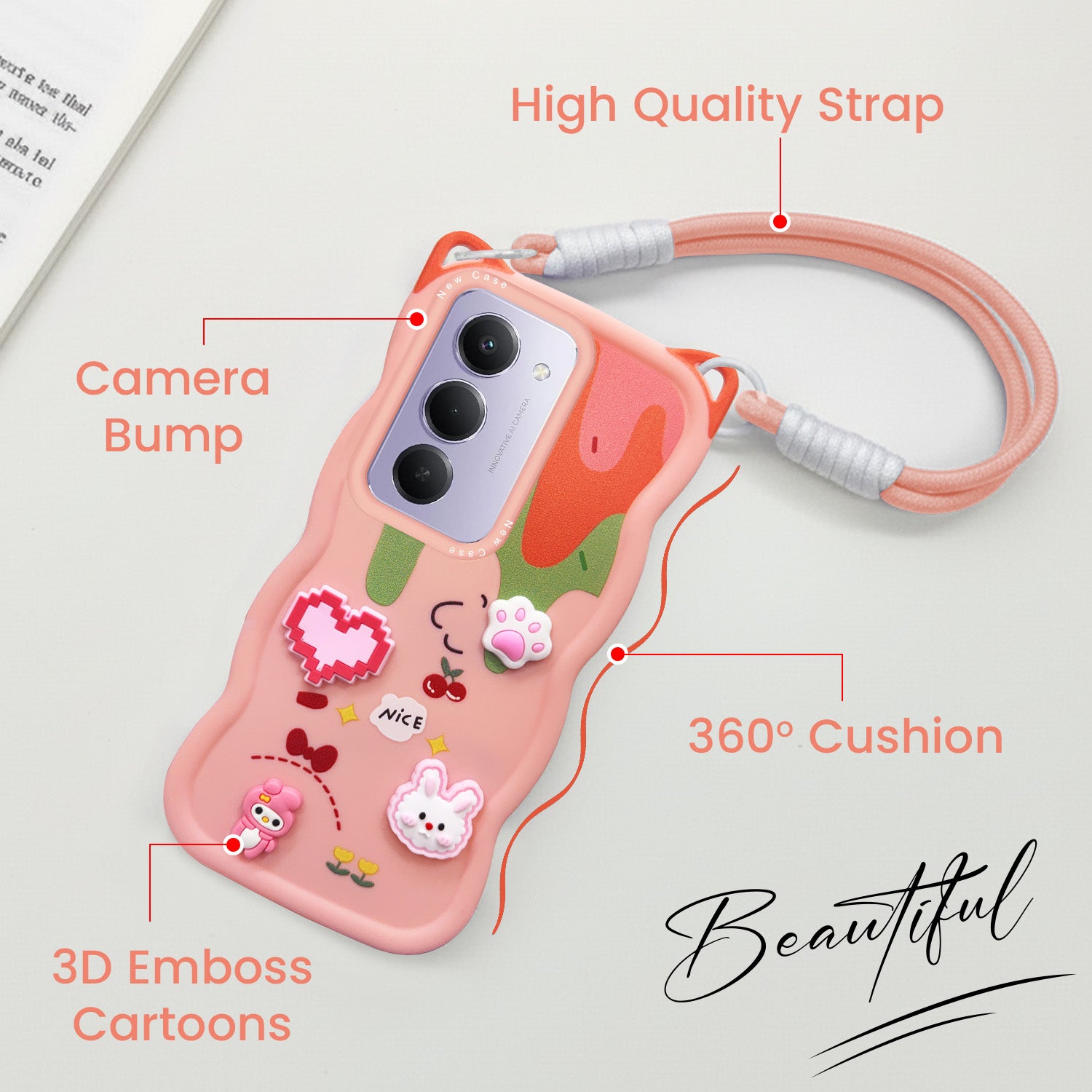 For Redmi 15 Back Case Cover Strap (3D Embossed Figures | Strap Holder | 360* Soft Cushion with Camera Bump)