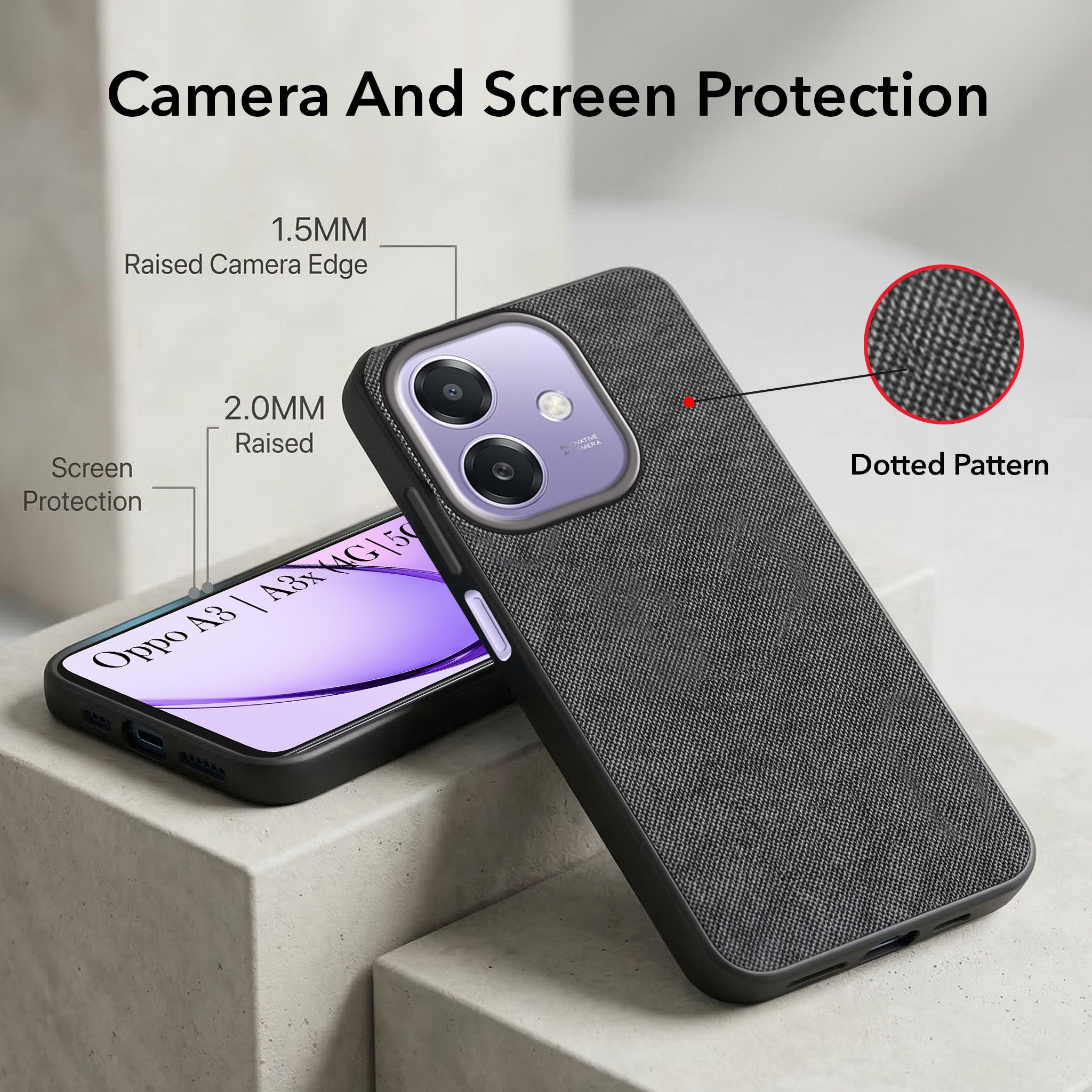 For Oppo A3X (4G/5G) | Oppo A3 5G Combo with Back Cover and 9H Tempered Glass (Textured Grip Design | Micro-Fiber Cloth Inside | Oleophobic Coating Screen Glass)