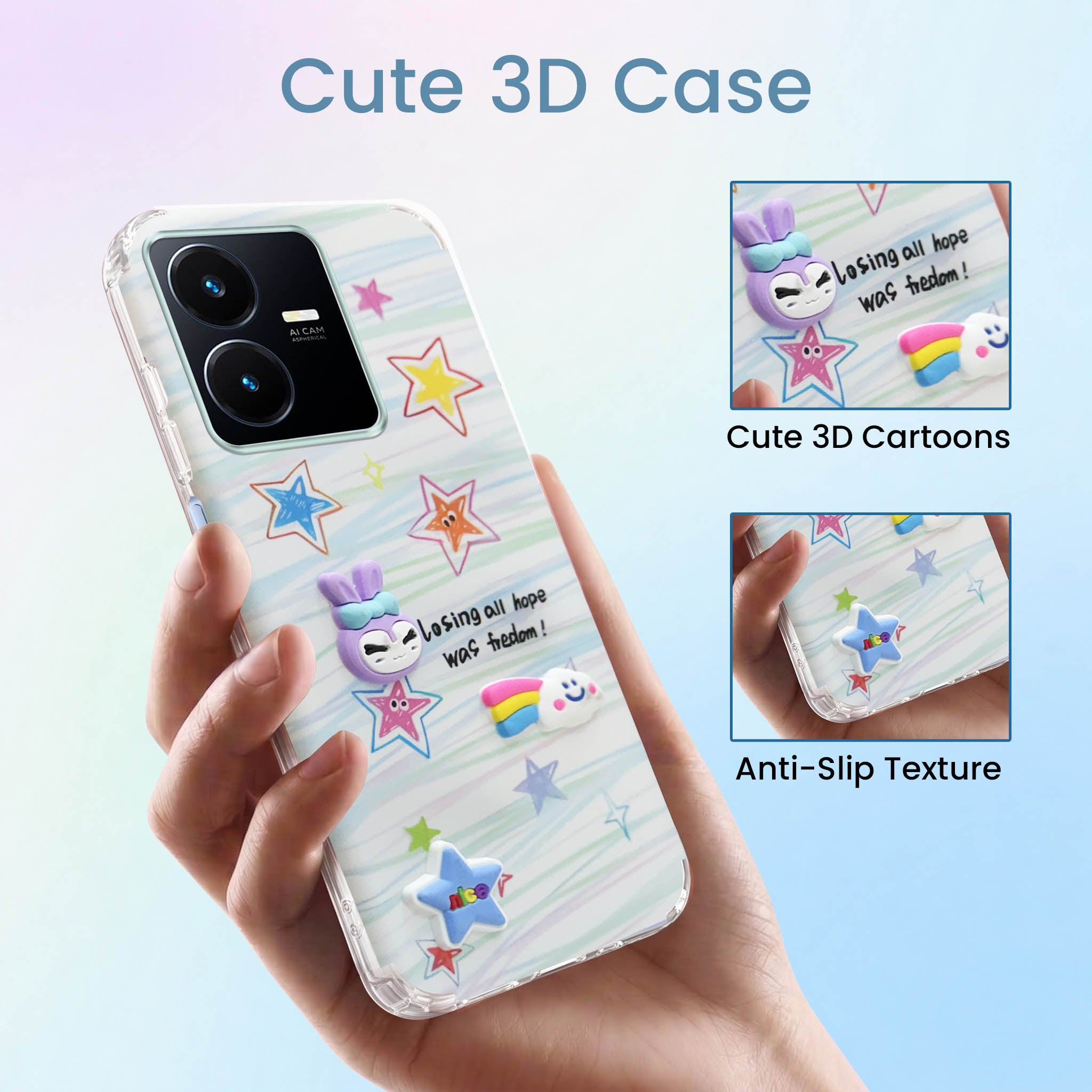 For Vivo Y22 | Vivo Y22s Back Cover Case (3D Cute Cartoons | Hard Back Side Soft | Matte Premium Finish | HD Printing)